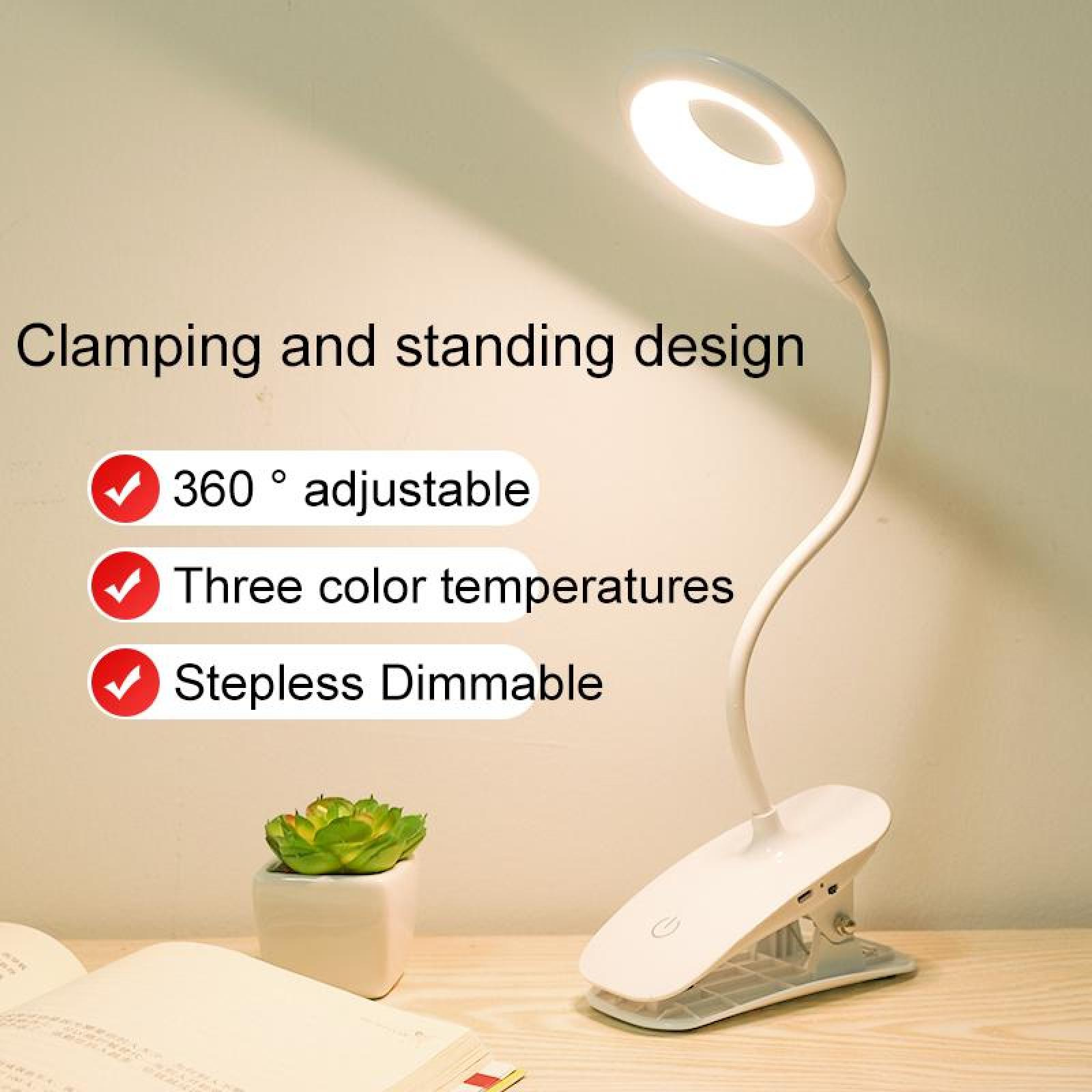 Weiße Schreibtischlampe mit hellem Licht. Merkmale sind 360° Einstellbarkeit, drei Farbtemperaturen und stufenloses Dimmen.