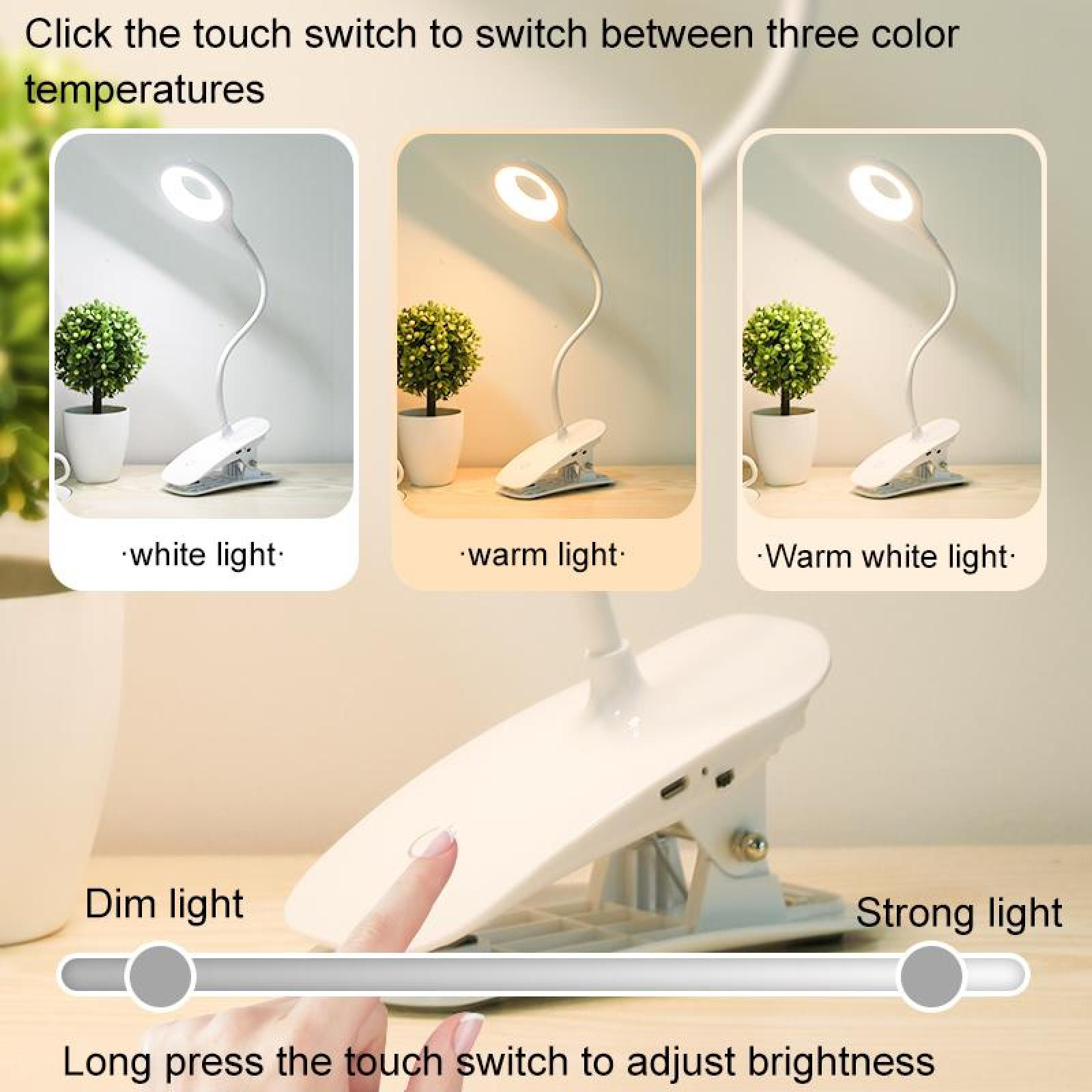 Das Bild zeigt eine Schreibtischlampe mit drei Lichteinstellungen und Helligkeitsanpassung. Eine Hand berührt den Schalter.