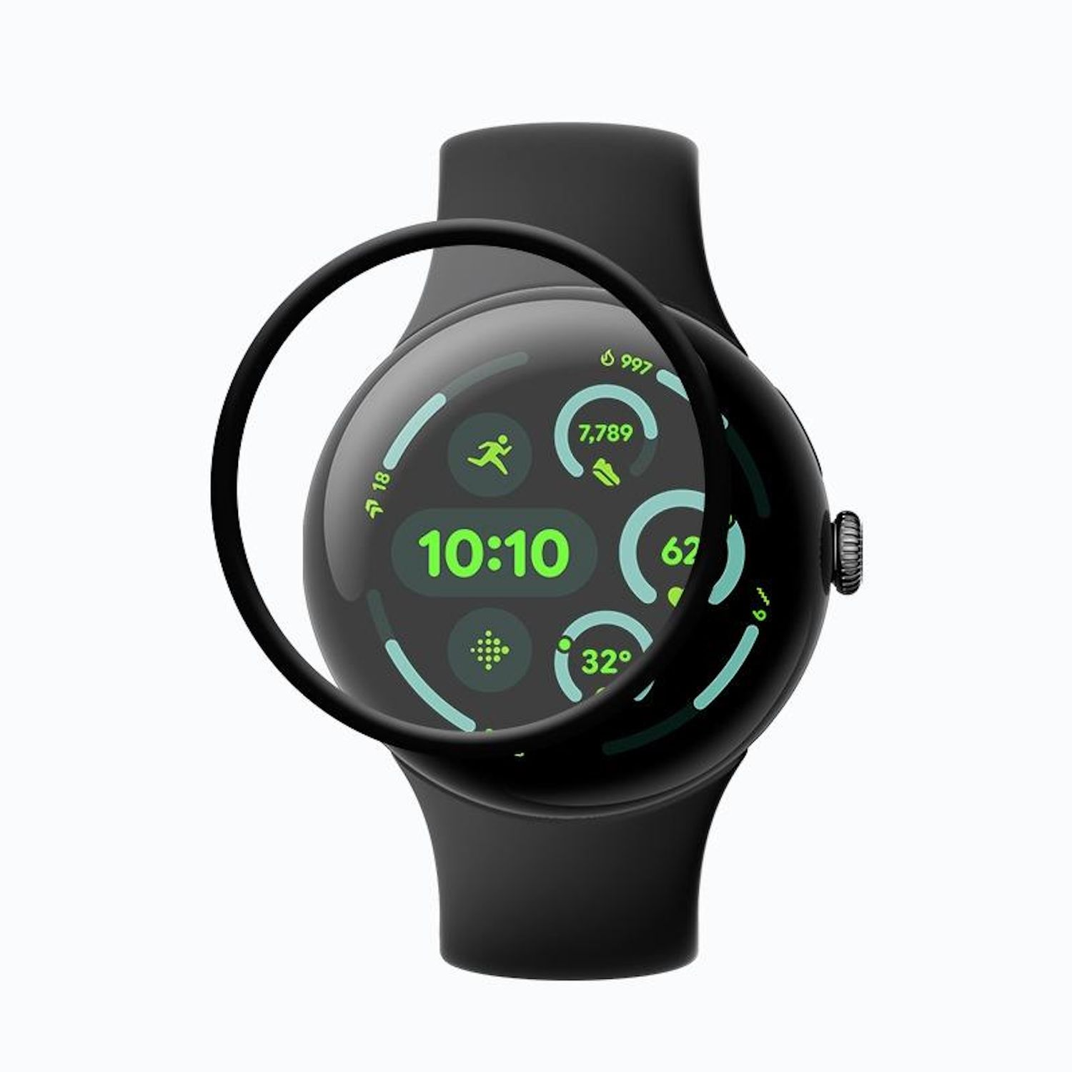 Smartwatch nero con schermo curvo. Mostra ora, passi, frequenza cardiaca e temperatura. L'orologio è su sfondo bianco.