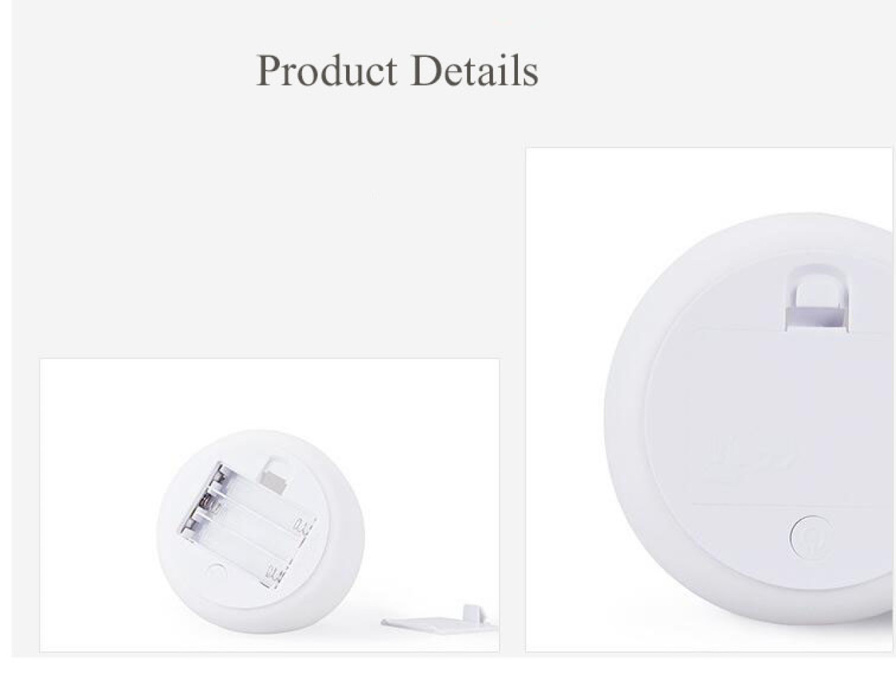 Produktdetails mit zwei weißen, runden Objekten. Eines zeigt das Batteriefach, das andere einen Power-Button und eine Aufhängevorrichtung.