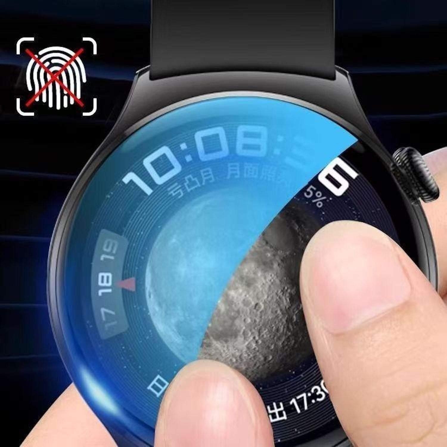 Uno smartwatch mostra ora, data e fase lunare. Un dito tocca lo schermo. Un simbolo di impronta digitale con una croce è nell'angolo.