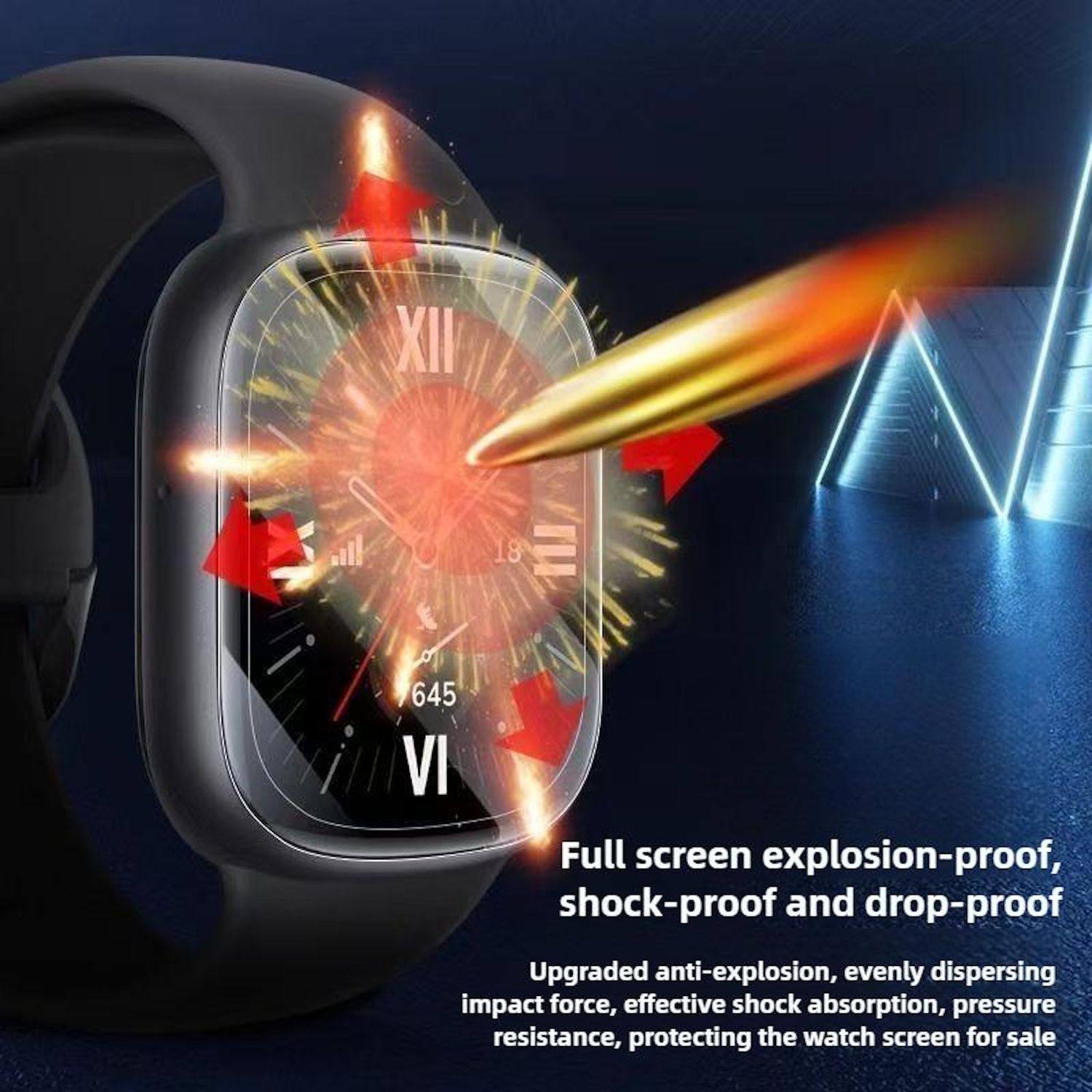 Uno smartwatch con cinturino nero. Il quadrante mostra un orologio con numeri romani. Testo sottostante: a prova di esplosione.