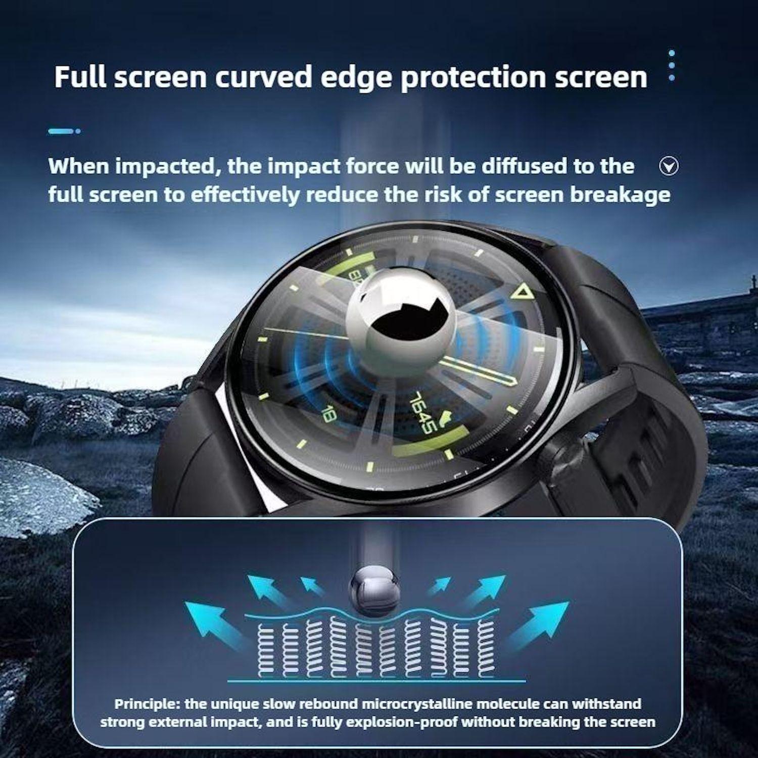 È mostrato uno smartwatch con schermo curvo. L'immagine spiega con un diagramma come lo schermo protegge dagli urti.