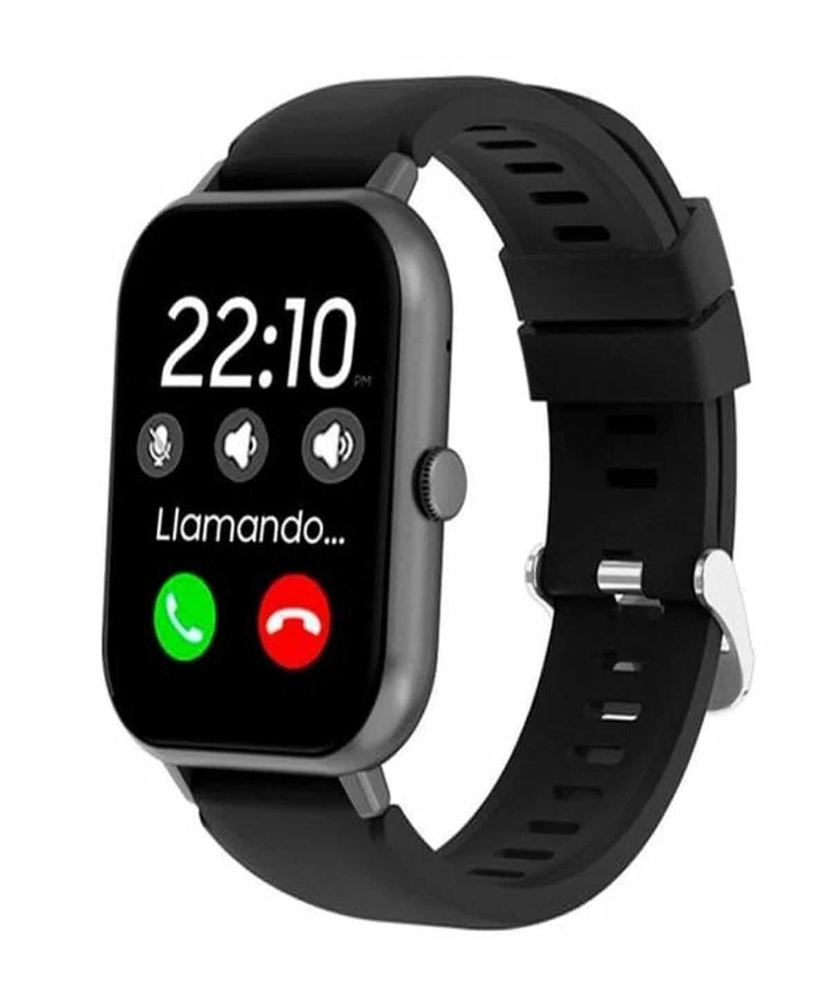 Uno smartwatch nero che mostra 22:10 e una schermata di chiamata. Lo schermo mostra 'Llamando...' con icone di chiamata verdi e rosse.