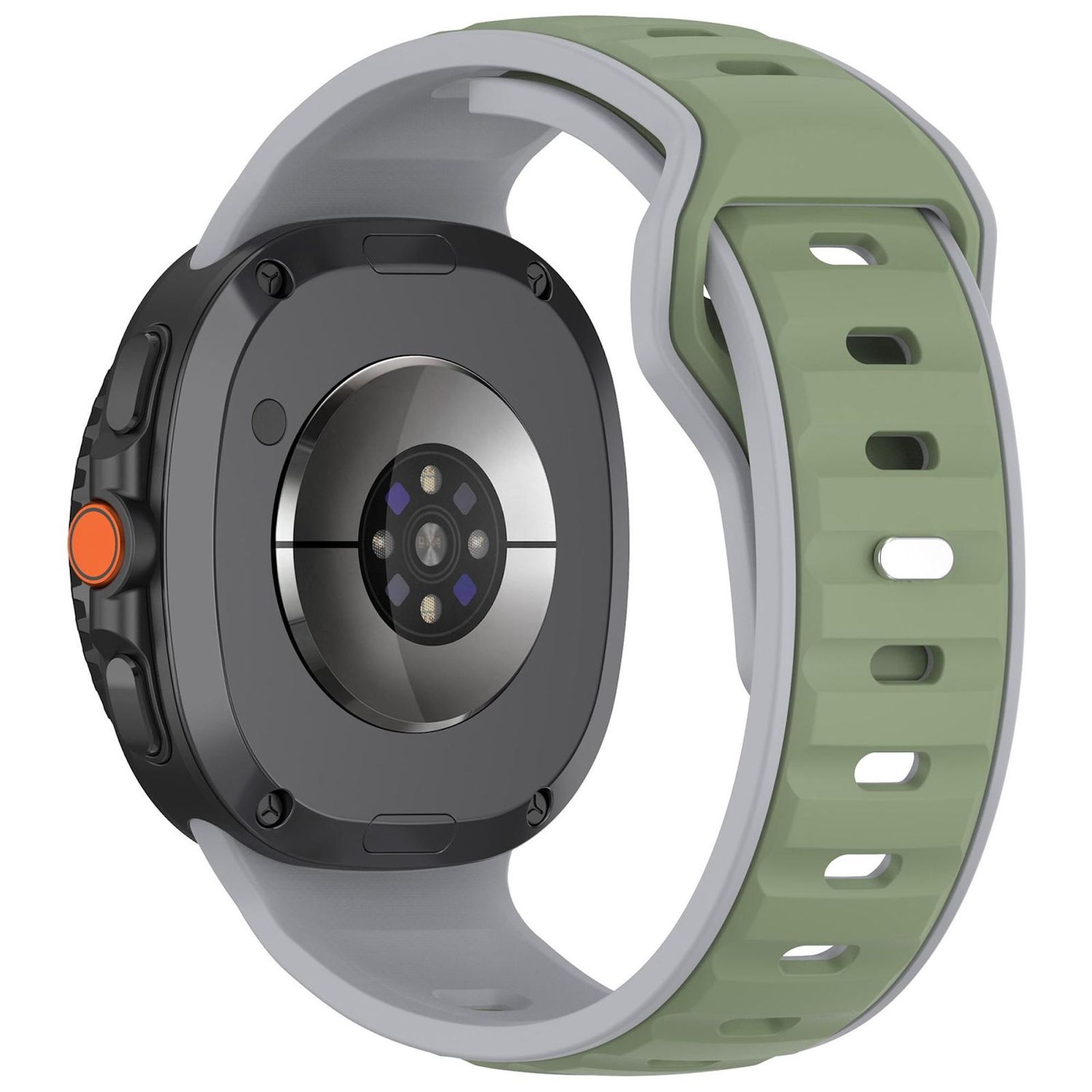 Eine Smartwatch mit grünem Armband und grauen Details, Rückseite sichtbar. Die Uhr ist schwarz mit einem orangenen Knopf.