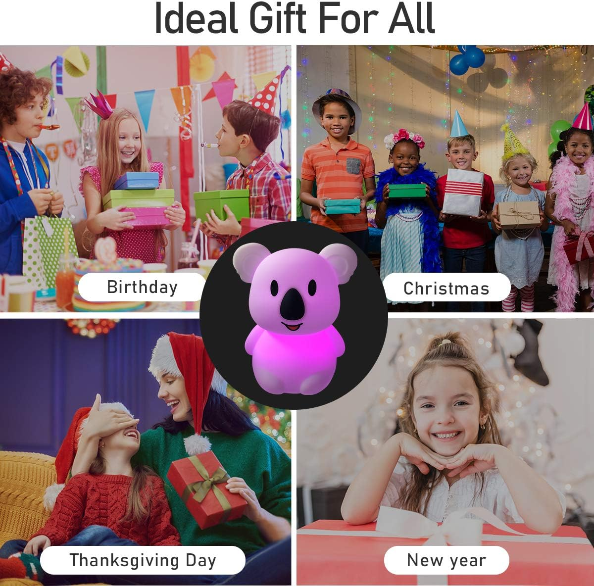 Das Bild zeigt Szenen von Kindern, die Ereignisse wie Geburtstage und Weihnachten feiern. Eine Koala-förmige Lampe befindet sich in der Mitte.