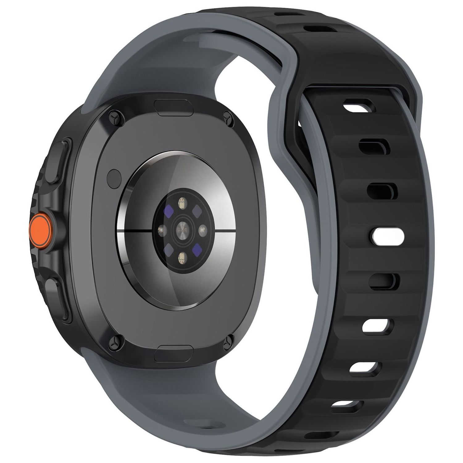 Nahaufnahme einer Smartwatch, die die Rückseite mit Herzfrequenzsensor und ein schwarzes und graues Armband zeigt.