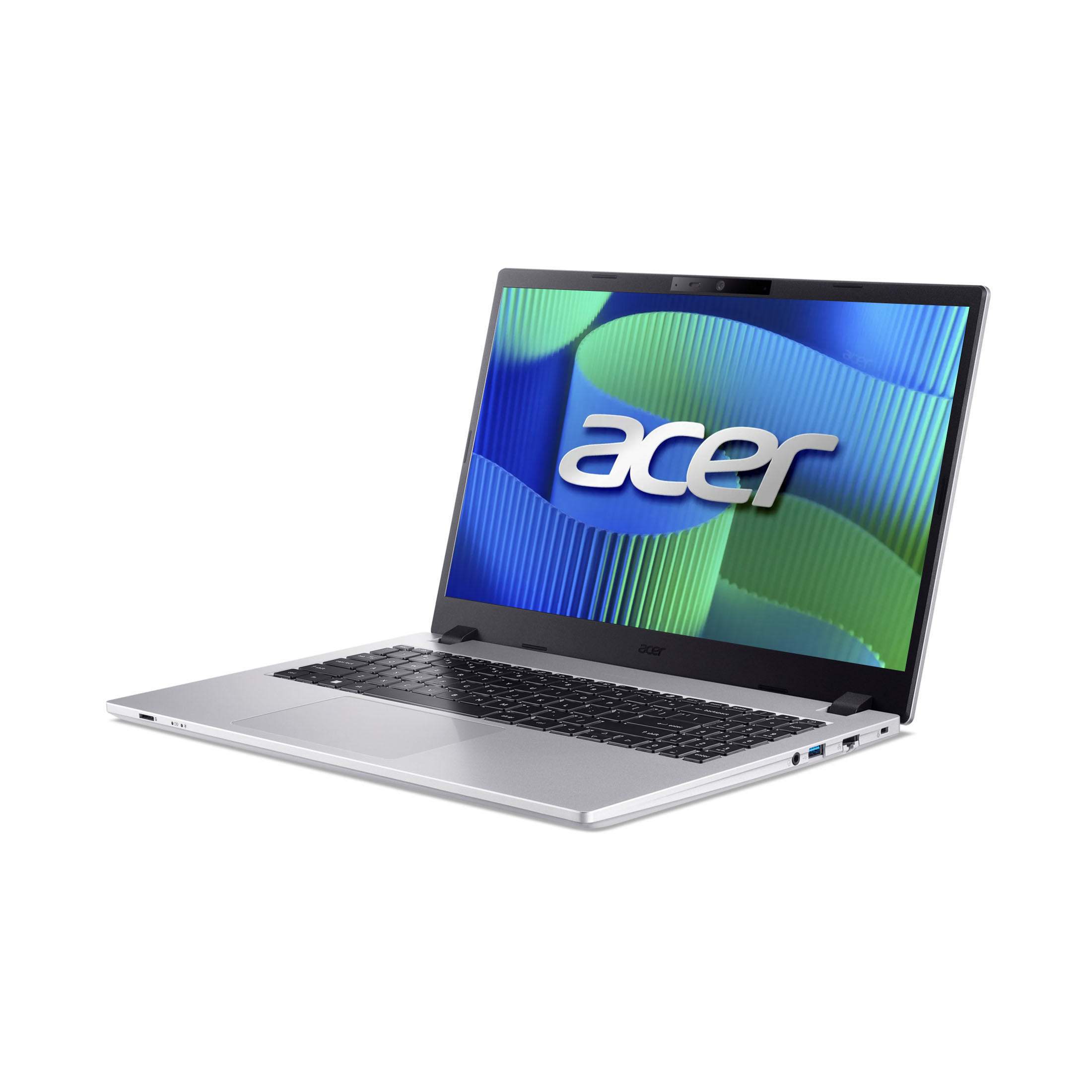 Silberner Acer-Laptop auf weißem Hintergrund. Der Bildschirm zeigt Acer-Logo und farbenfrohes abstraktes Design.