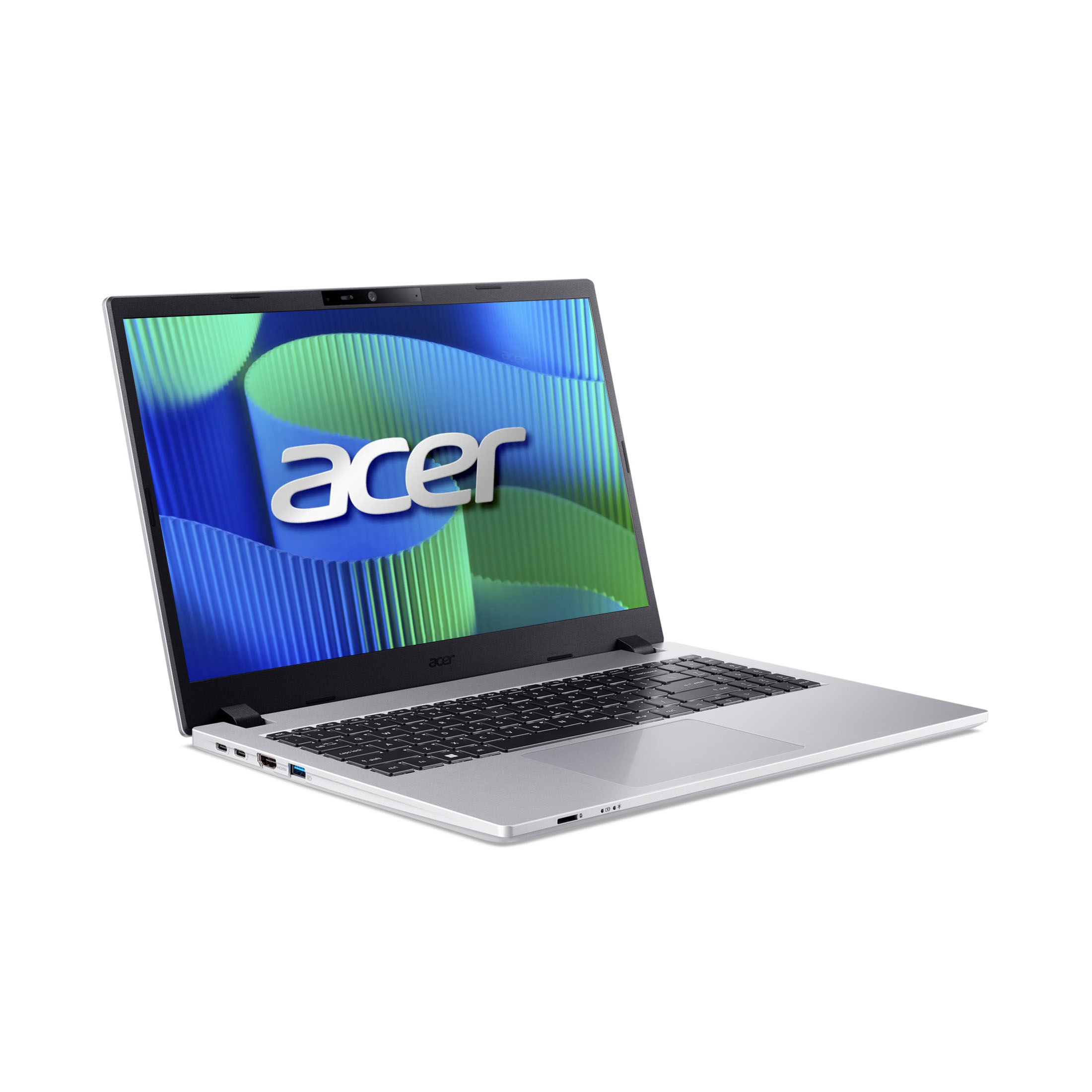 Ein silbernes Acer-Laptop ist leicht geöffnet und zeigt den Bildschirm mit dem Acer-Logo. Der Hintergrund ist weiß.