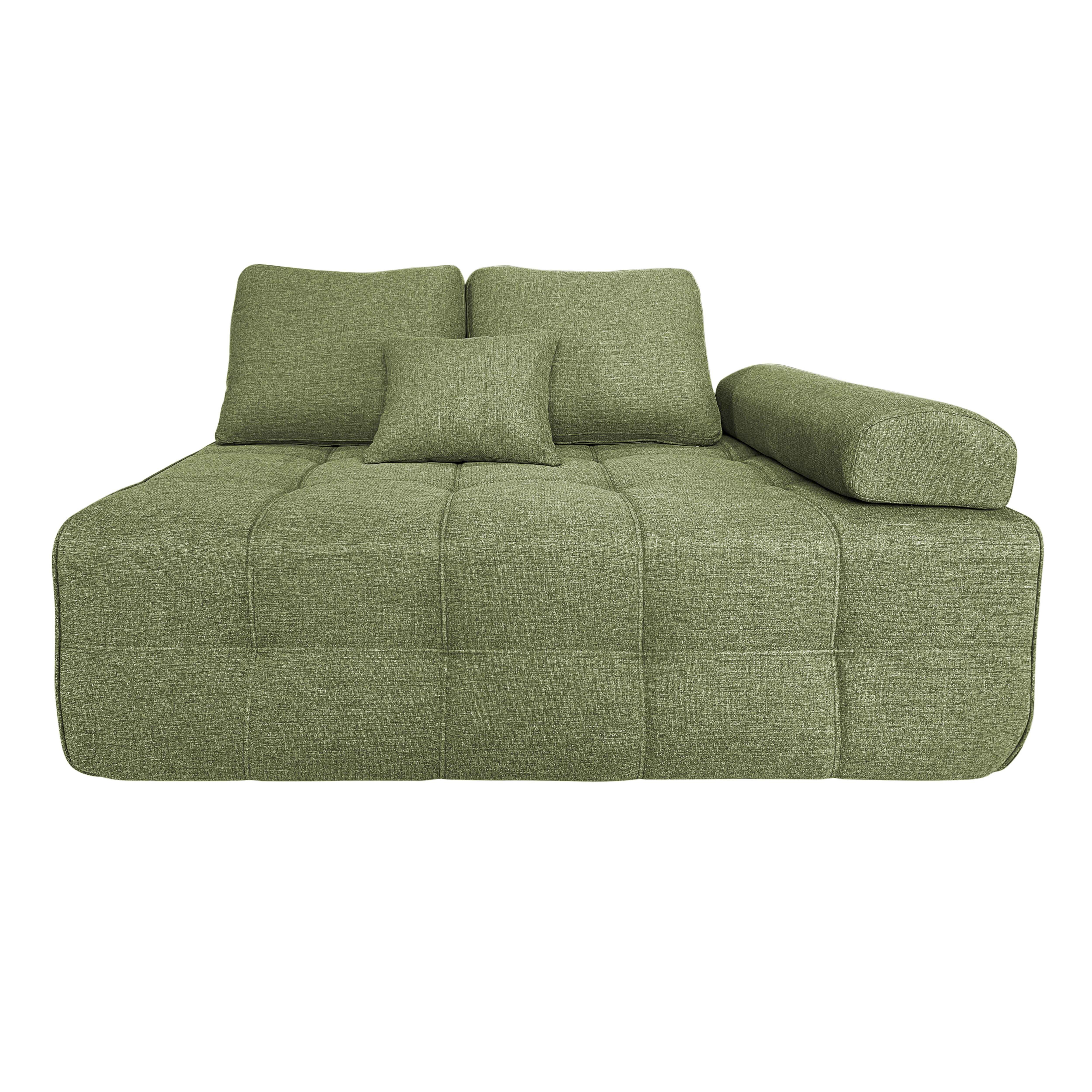Ein grünes Ecksofa mit drei Rückenkissen und einer Rolle auf weißem Hintergrund.