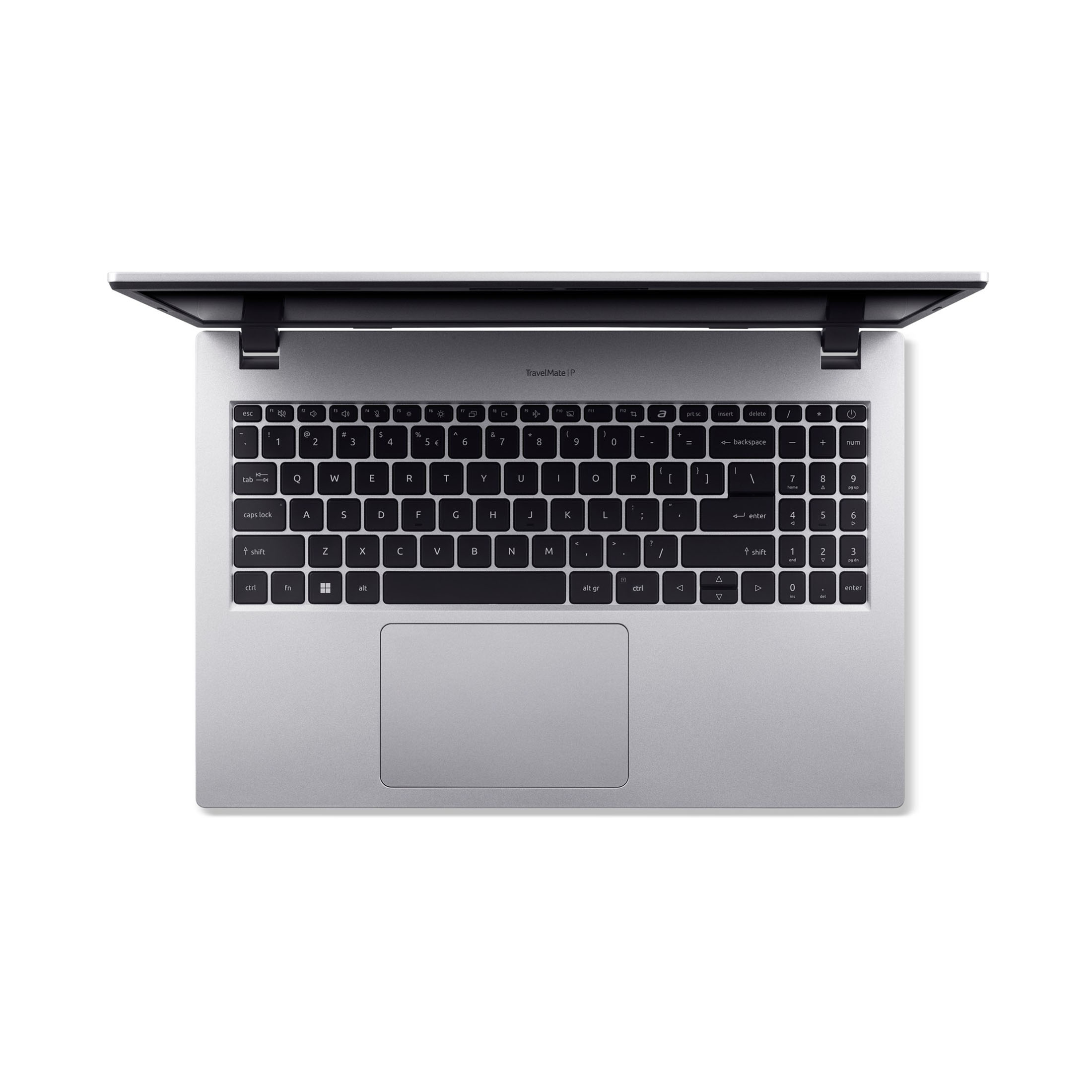 Ein silberner Laptop ist auf einer weißen Oberfläche geöffnet. Die Tastatur ist sichtbar. Der Bildschirm ist zurückgeklappt.
