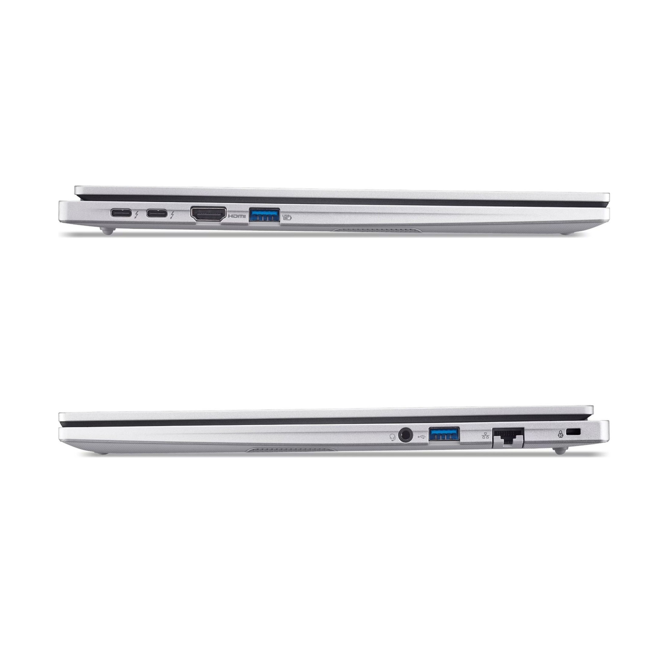 Seitenprofil eines silbernen Laptops. Anschlüsse: USB, HDMI und Thunderbolt. Der Hintergrund ist weiß.