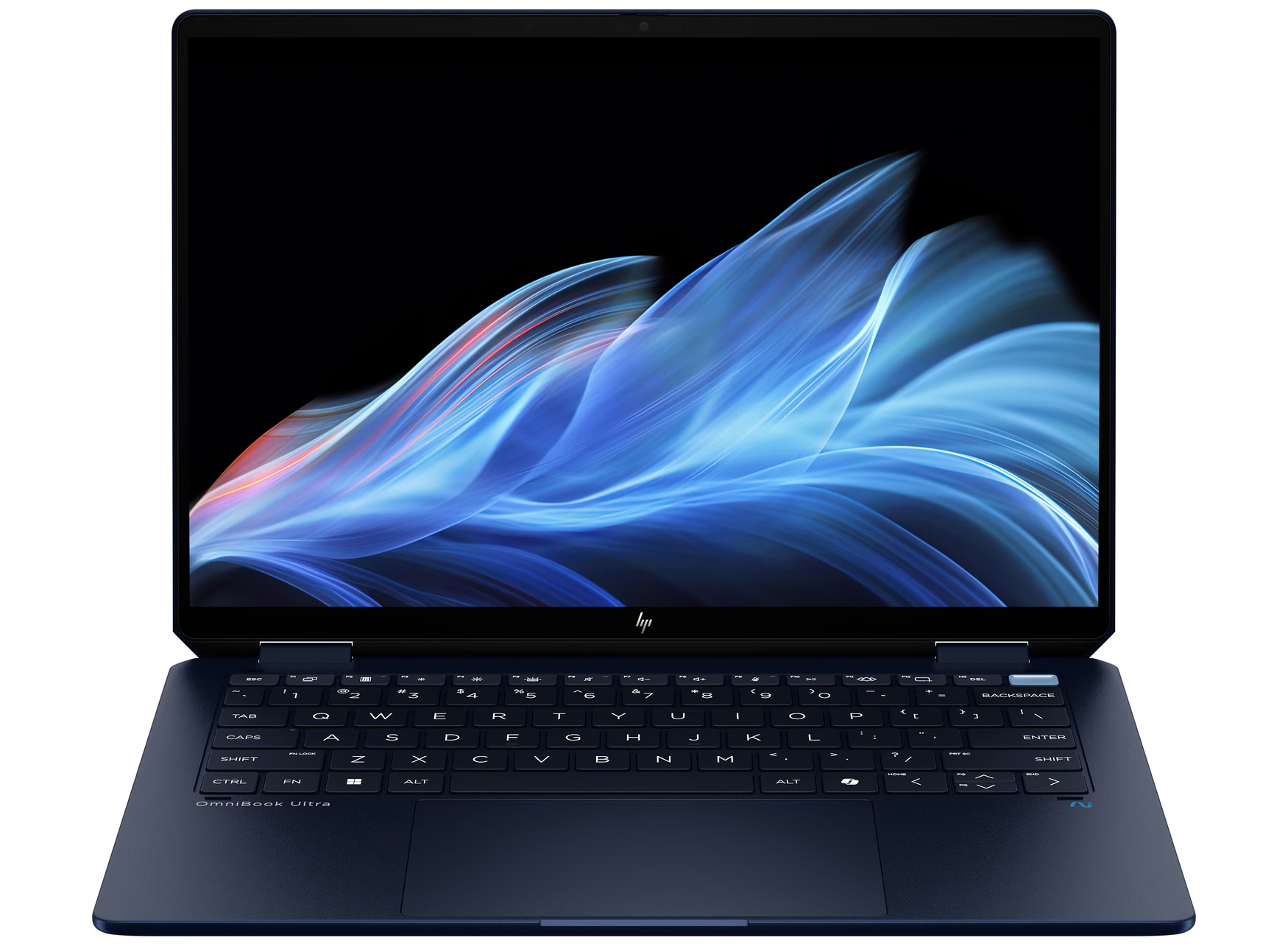Ein dunkelblaues HP OmniBook Ultra-Laptop ist geöffnet und zeigt abstrakte blaue und weiße Kunst auf dem Bildschirm.