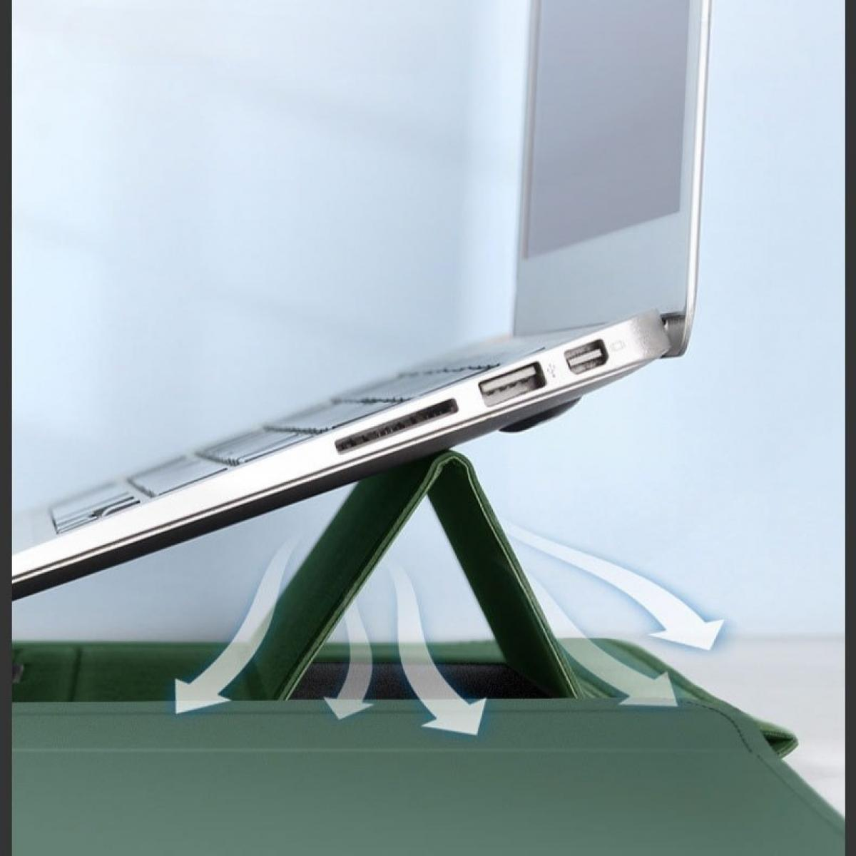Ein Laptop steht auf einem grünen Ständer. Weiße Pfeile zeigen den Luftstrom an. Der Ständer steht auf einer grünen Hülle, mit blauem Hintergrund.