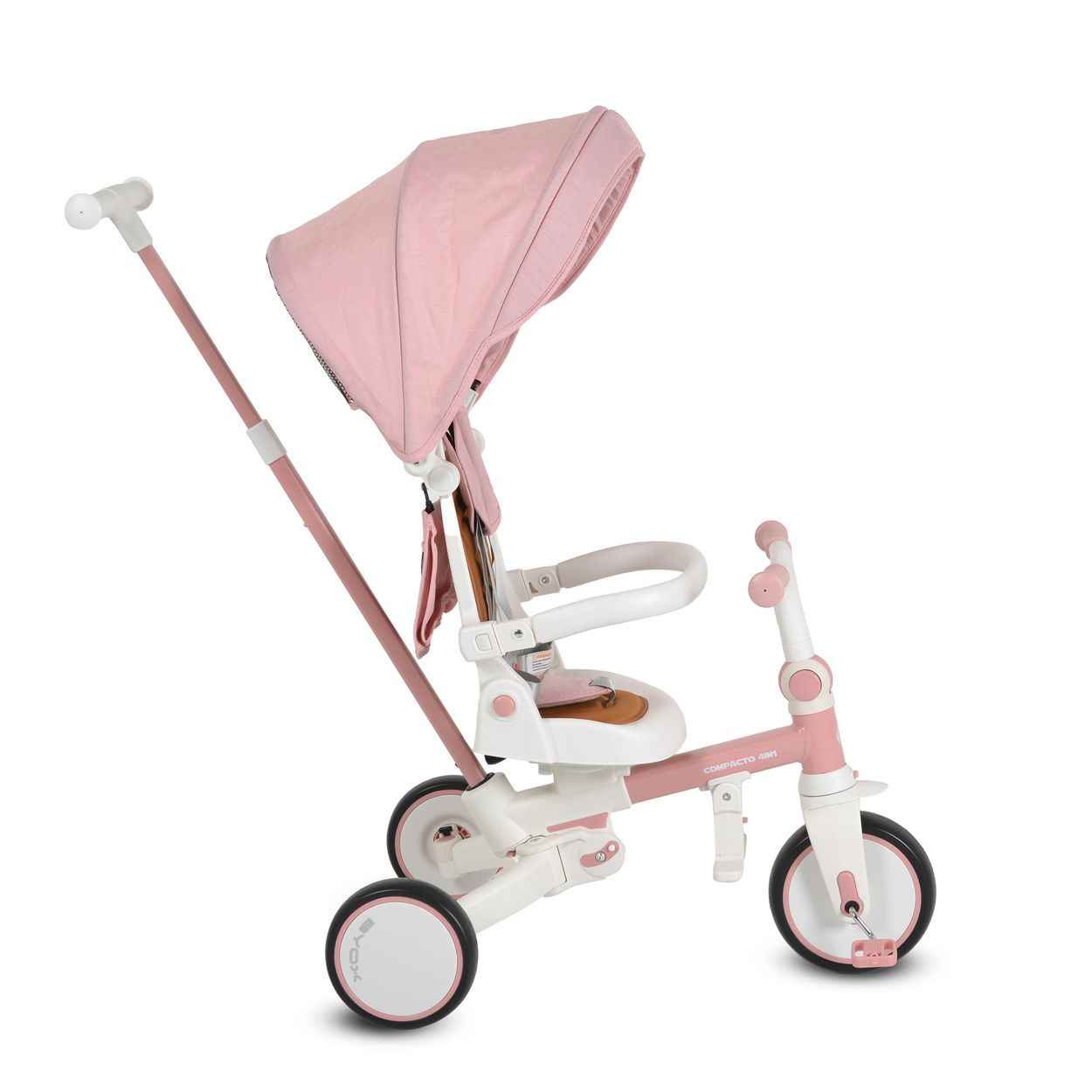 Ein rosa-weißes Baby-Dreirad mit Sonnenschutz. Es hat drei Räder und einen Eltern-Griff. Der Sitz ist braun.