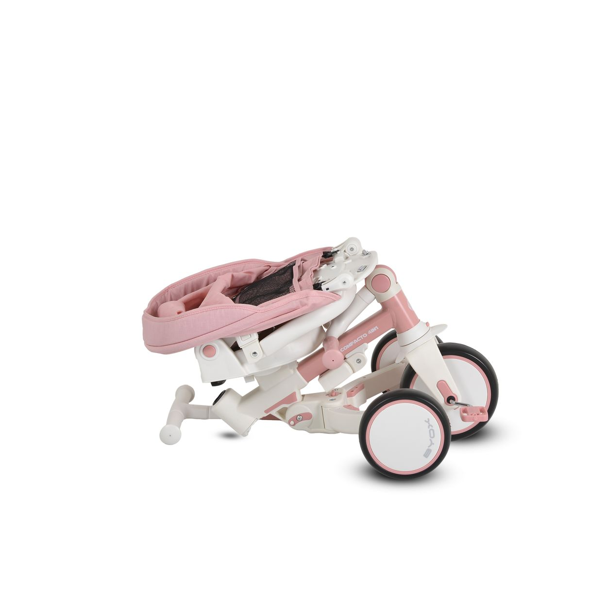Zusammengeklapptes rosa-weißes Dreirad auf weißem Hintergrund. Es hat einen Sitz, Räder und einen Griff. Das Dreirad ist nach rechts abgewinkelt.