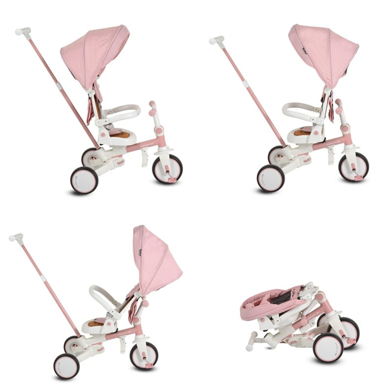 Ein rosa-weißes Baby-Dreirad mit Sonnenschutz. Es hat drei Räder und einen Eltern-Griff. Es gibt vier verschiedene Ansichten des Dreirads.