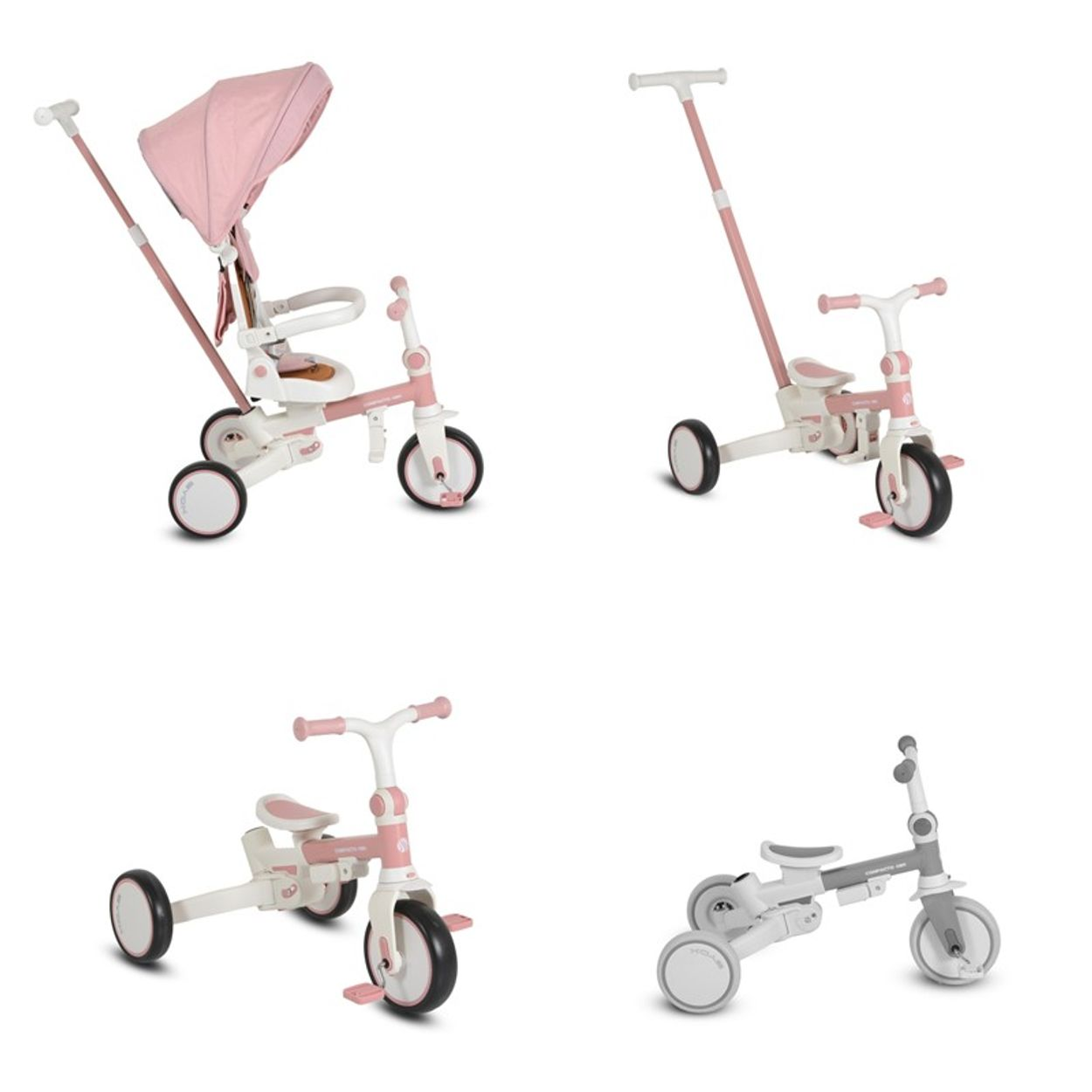 Gezeigt werden vier Dreiräder. Sie sind weiß und rosa. Eines hat ein Verdeck. Sie haben drei Räder und sind für Kinder.