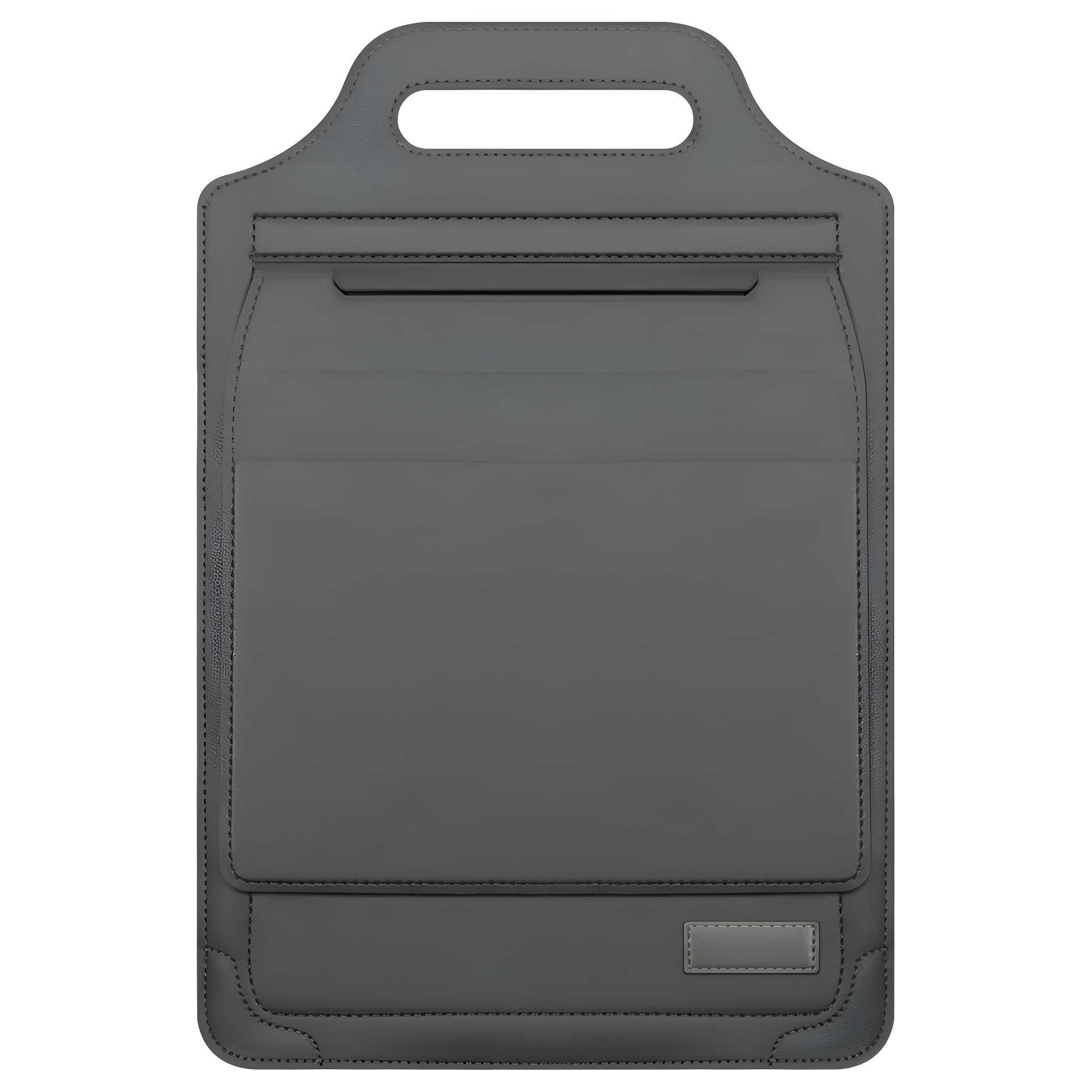 Ein grauer Kunstleder-Auto-Organizer. Er hat einen Griff oben. Unten gibt es Taschen und ein Etikett.