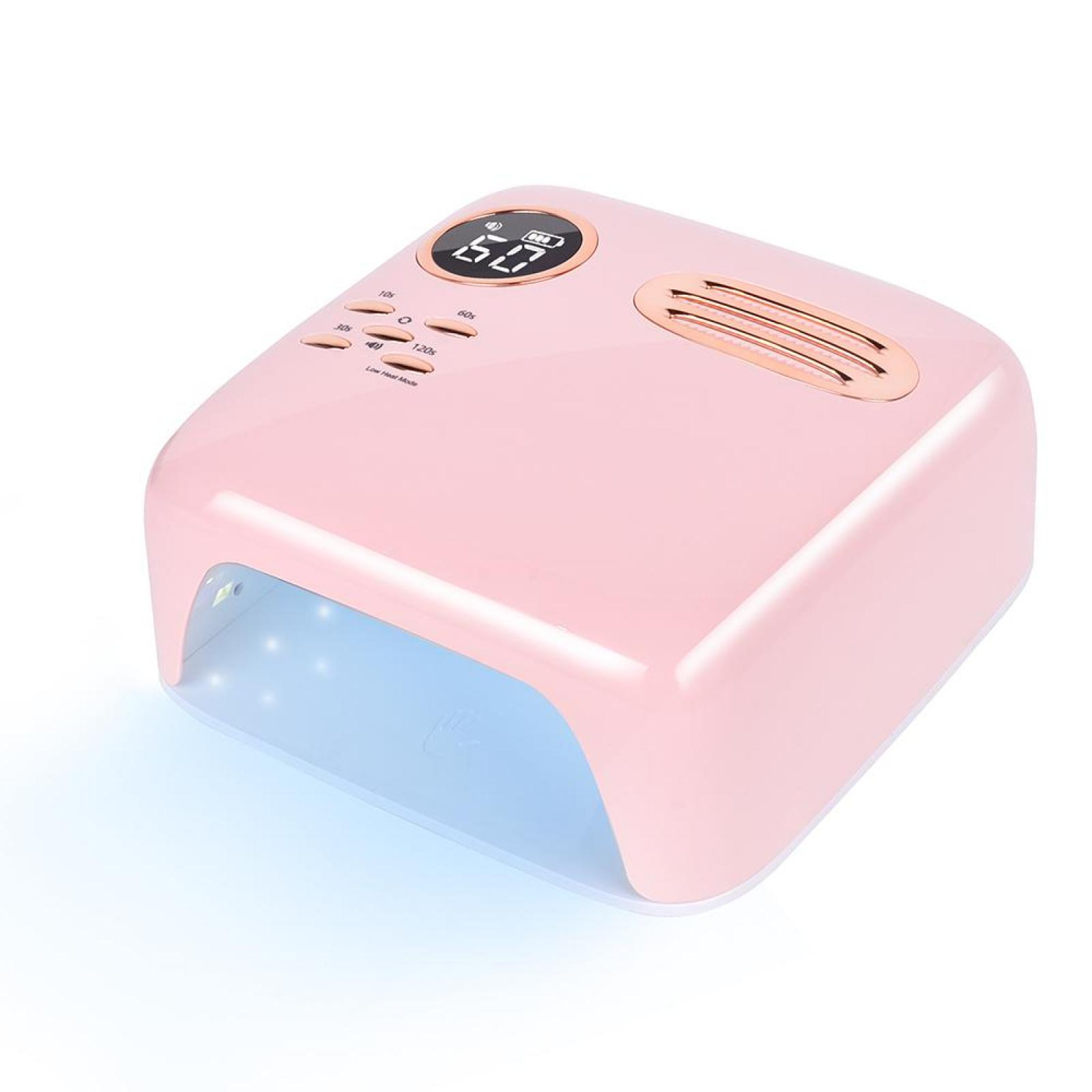 Eine rosa UV-Nagellampe mit Digitalanzeige und Bedientasten. Die Innenseite ist blau, und es gibt eine roségoldene Entlüftung.