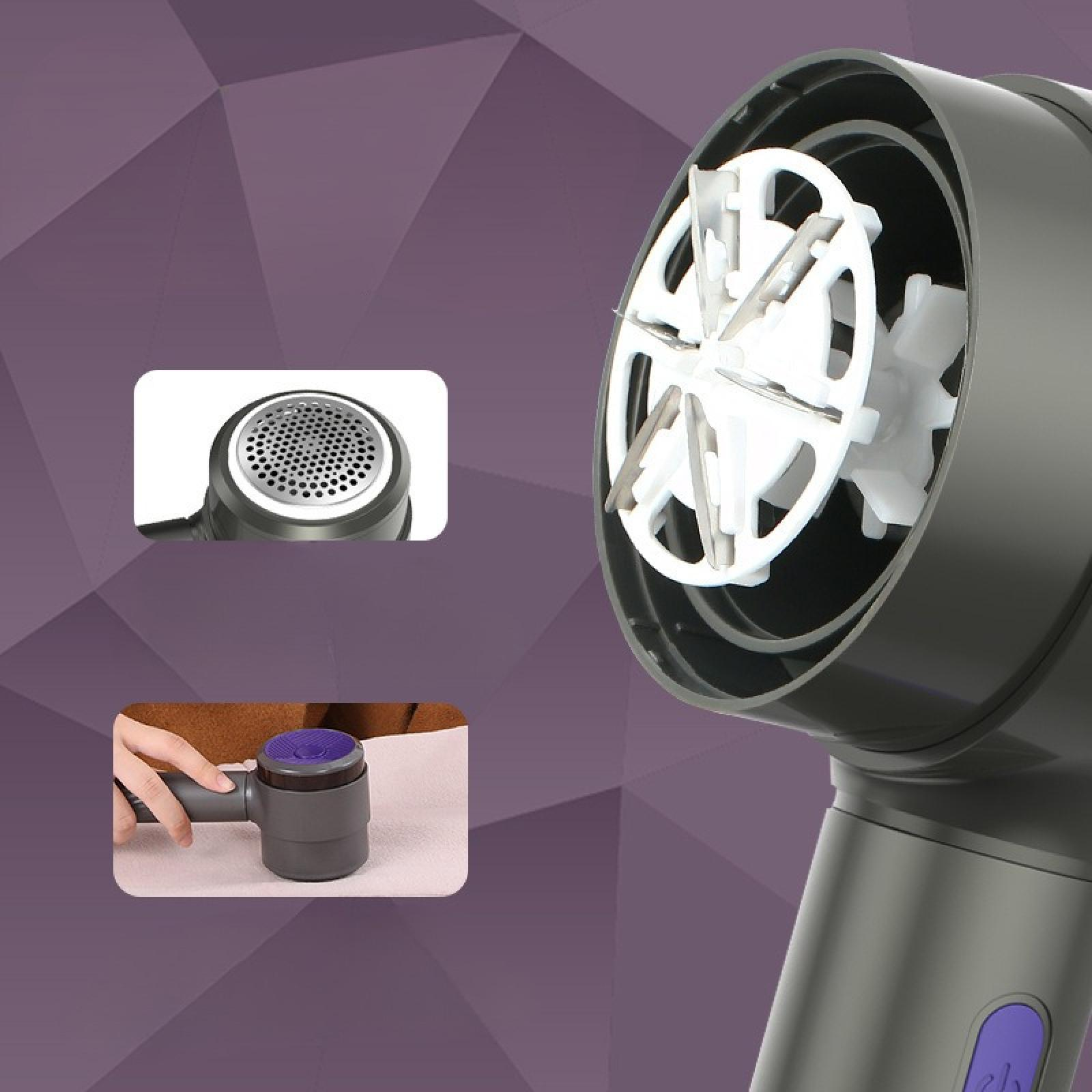 Elektrischer Stoffrasierer mit weißem Klingenventilator. Zeigt Details und Anwendung auf Stoff. Lila Hintergrund.
