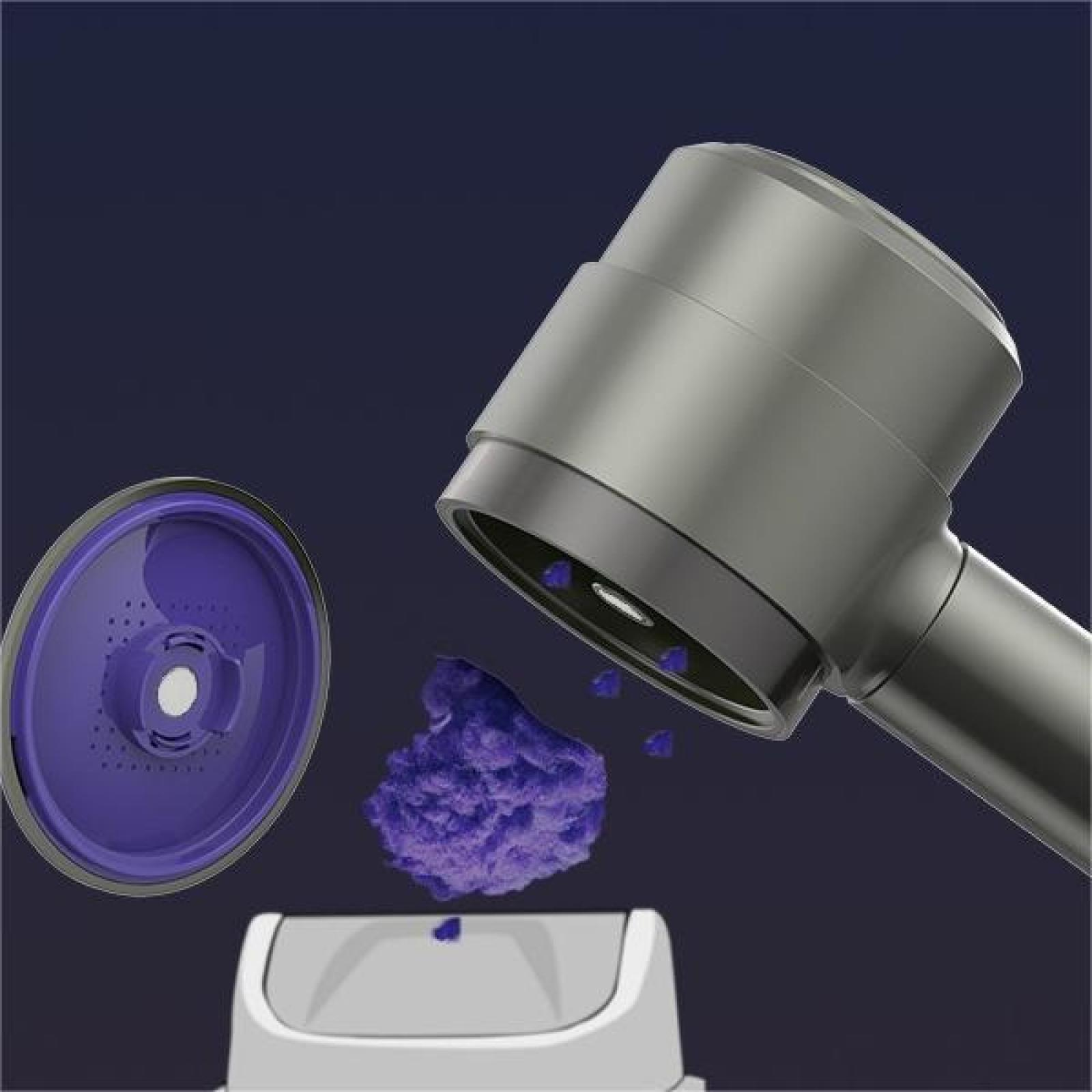 Ein Duschkopf gibt violettes Pulver ab. Links befindet sich ein violetter Filter. Darunter ein weißer Behälter.