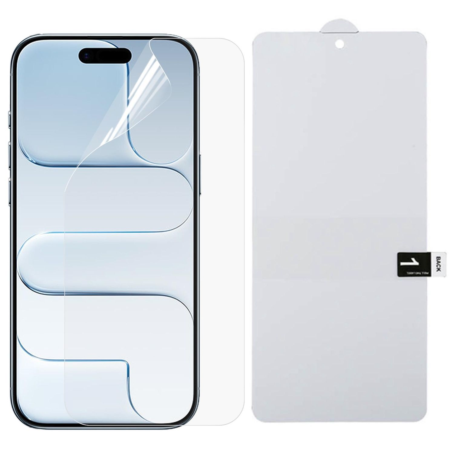 Ein Smartphone neben einer Displayschutzfolie. Das Telefon hat eine teilweise angebrachte Schutzfolie. Der Schutz ist weiß.