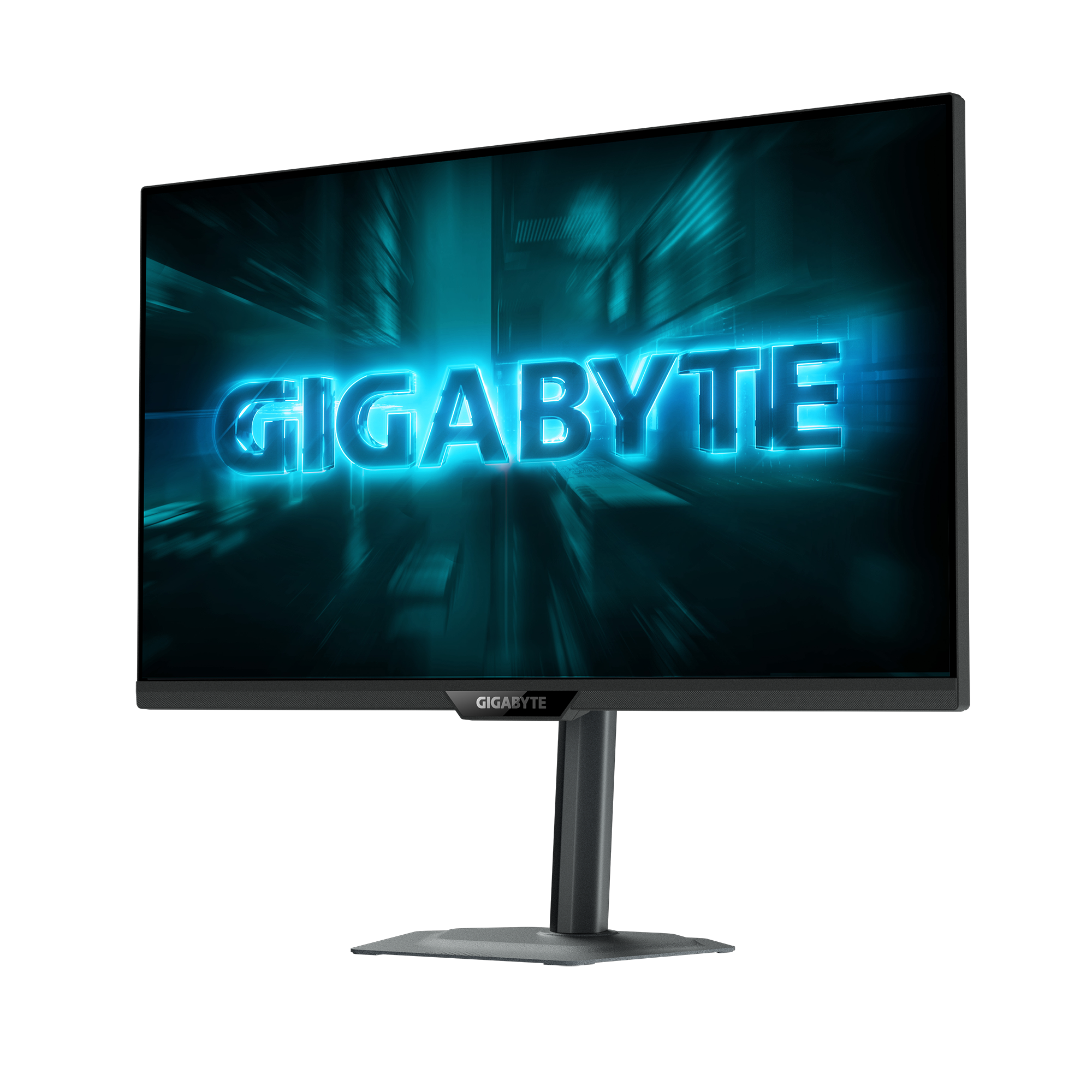 Un monitor Gigabyte nero mostra la parola GIGABYTE in neon blu su sfondo blu scuro.
