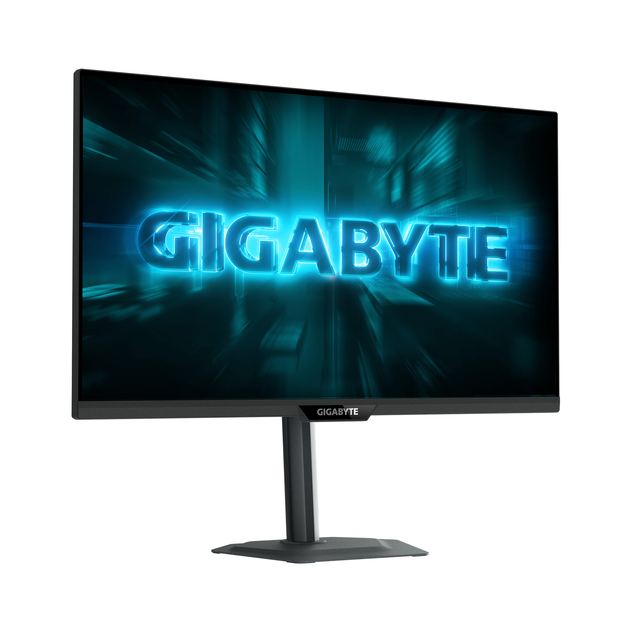 Un monitor Gigabyte nero mostra la parola GIGABYTE in neon blu su uno sfondo turchese sfocato.