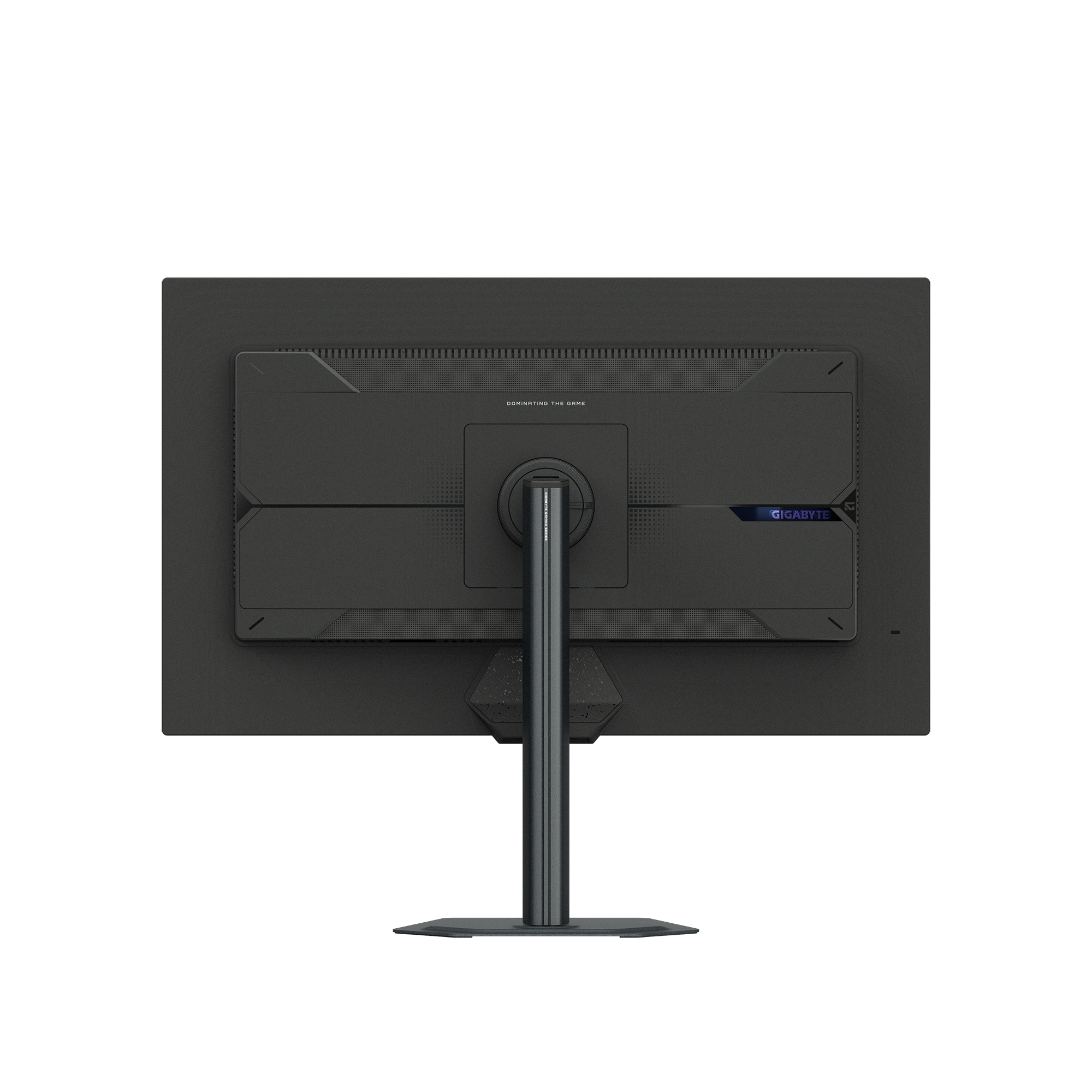 Vista posteriore di un monitor nero con supporto. Lo schermo ha un design quadrato con il marchio 'GIGABYTE'.