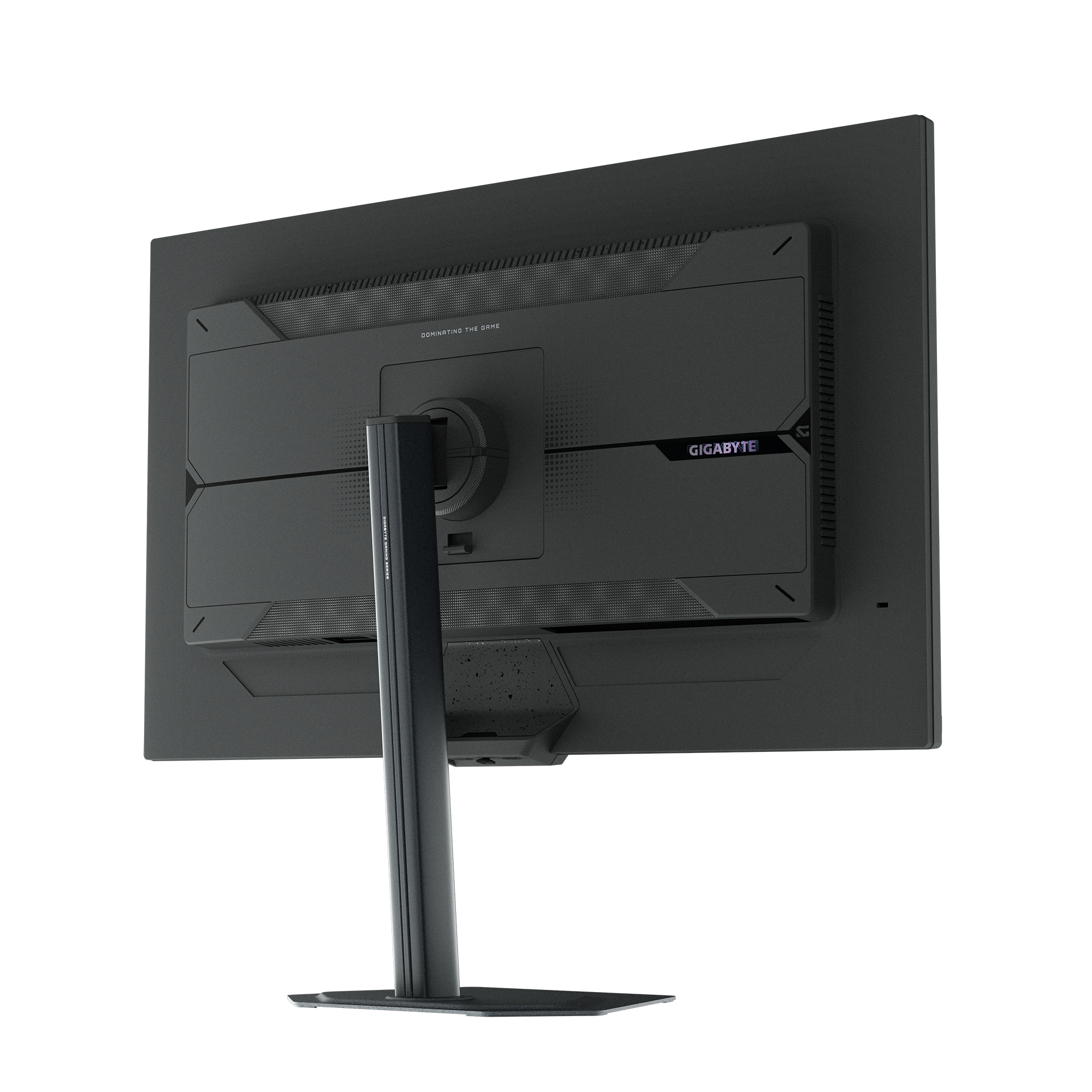 Widok z tyłu czarnego monitora komputera. Stojak jest również czarny. Tekst na monitorze mówi GIGABYTE.