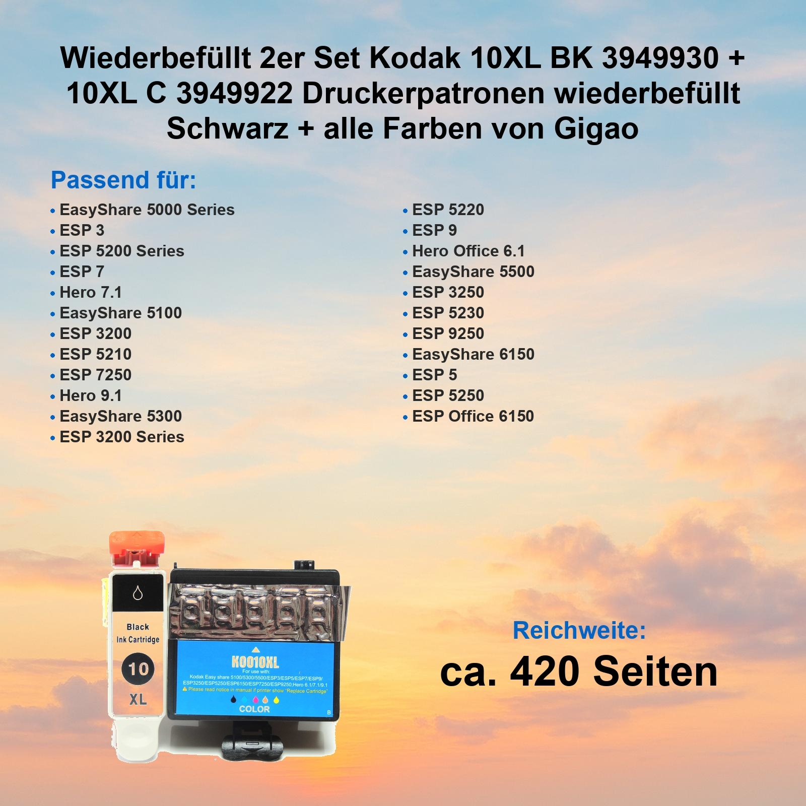 Ein Kodak-Druckerpatronen-Set, schwarz und farbig, mit einer Kapazität von ca. 420 Seiten.