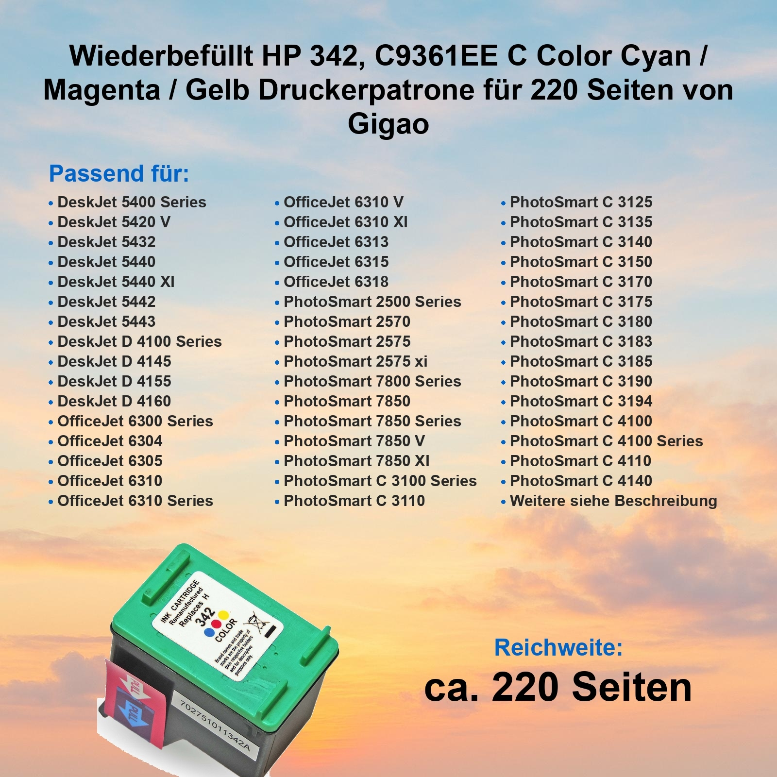Das Bild zeigt eine Druckerpatrone mit Text und einer Liste kompatibler Drucker. Die Patrone ist grün und schwarz.