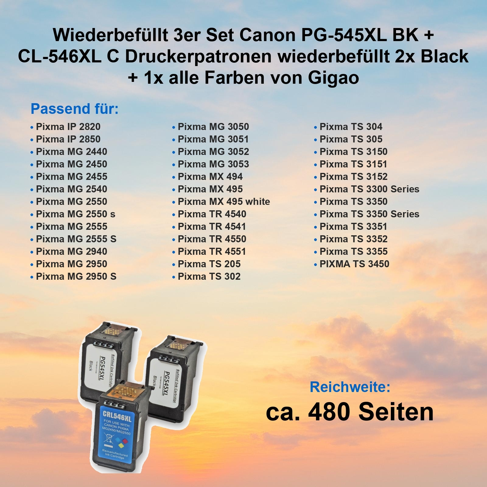 Das Bild zeigt Druckerpatronen. Der Text enthält Produktdetails, Druckermodelle und die Seitenzahl.