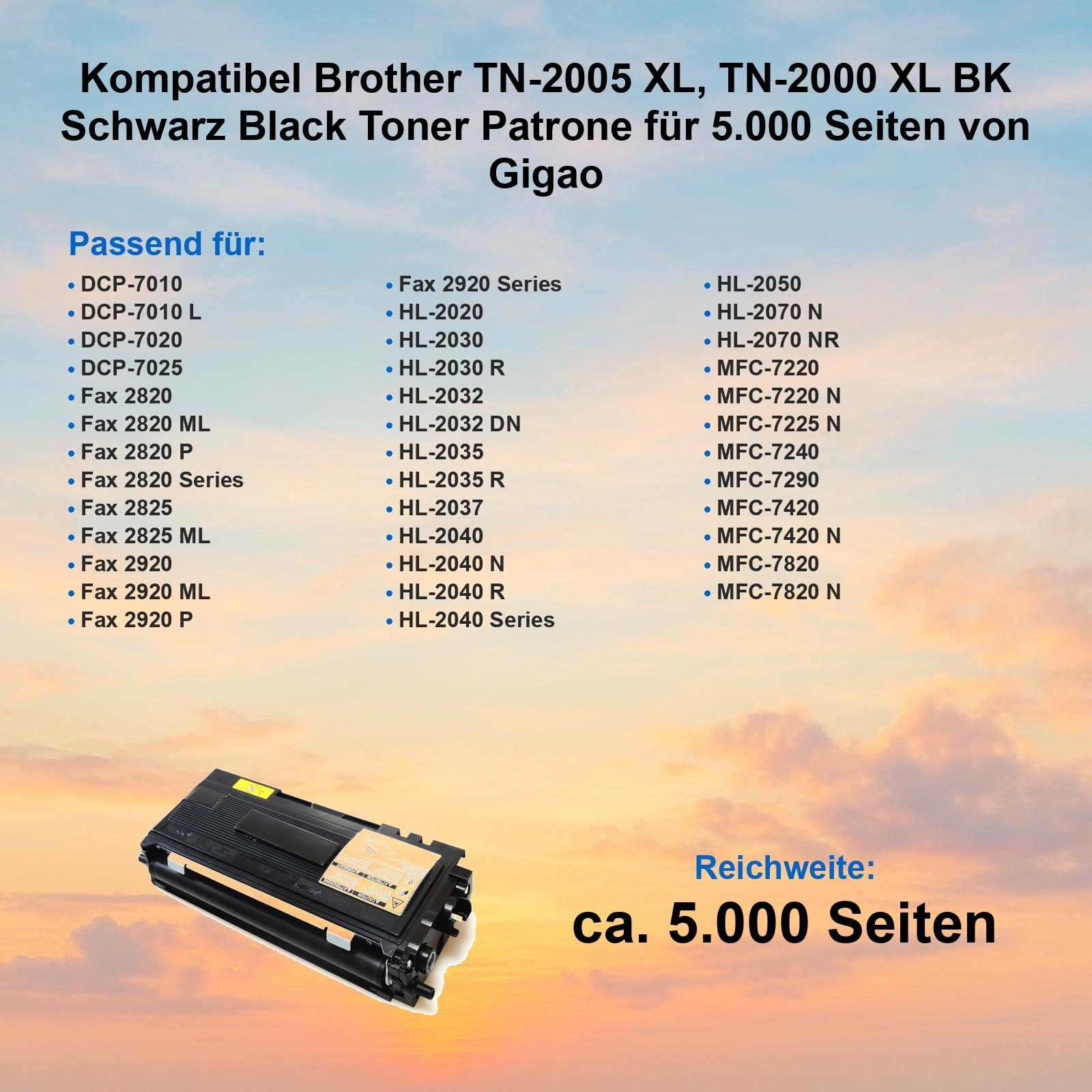 Schwarze Tonerkartusche mit gelbem Etikett. Text listet kompatible Drucker. Hintergrund ist ein Himmel.