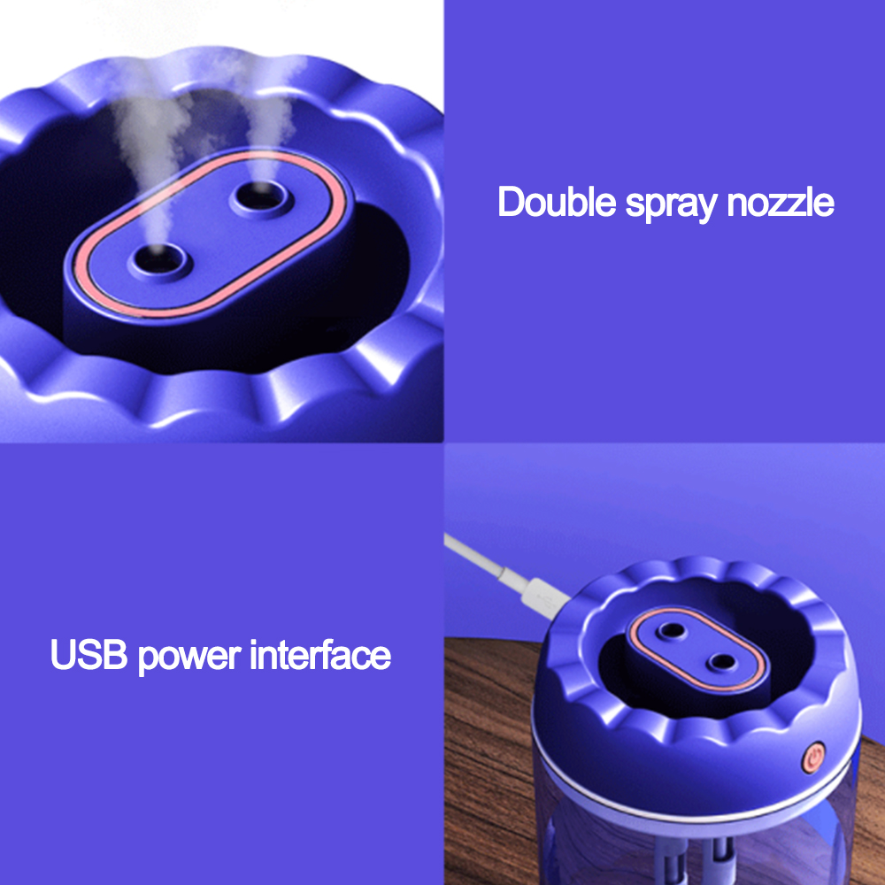 Ein blauer Luftbefeuchter mit Doppeldüsen wird gezeigt. Es hat auch eine USB-Schnittstelle und steht auf einer Holzoberfläche.