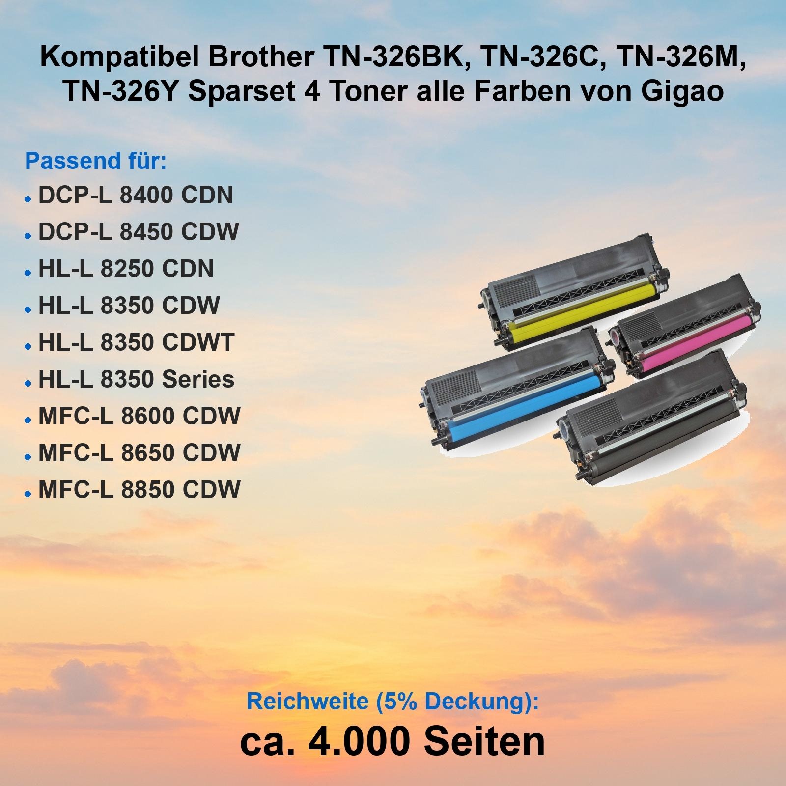 Das Bild zeigt vier Tonerkartuschen in verschiedenen Farben. Text listet kompatible Brother-Druckermodelle.