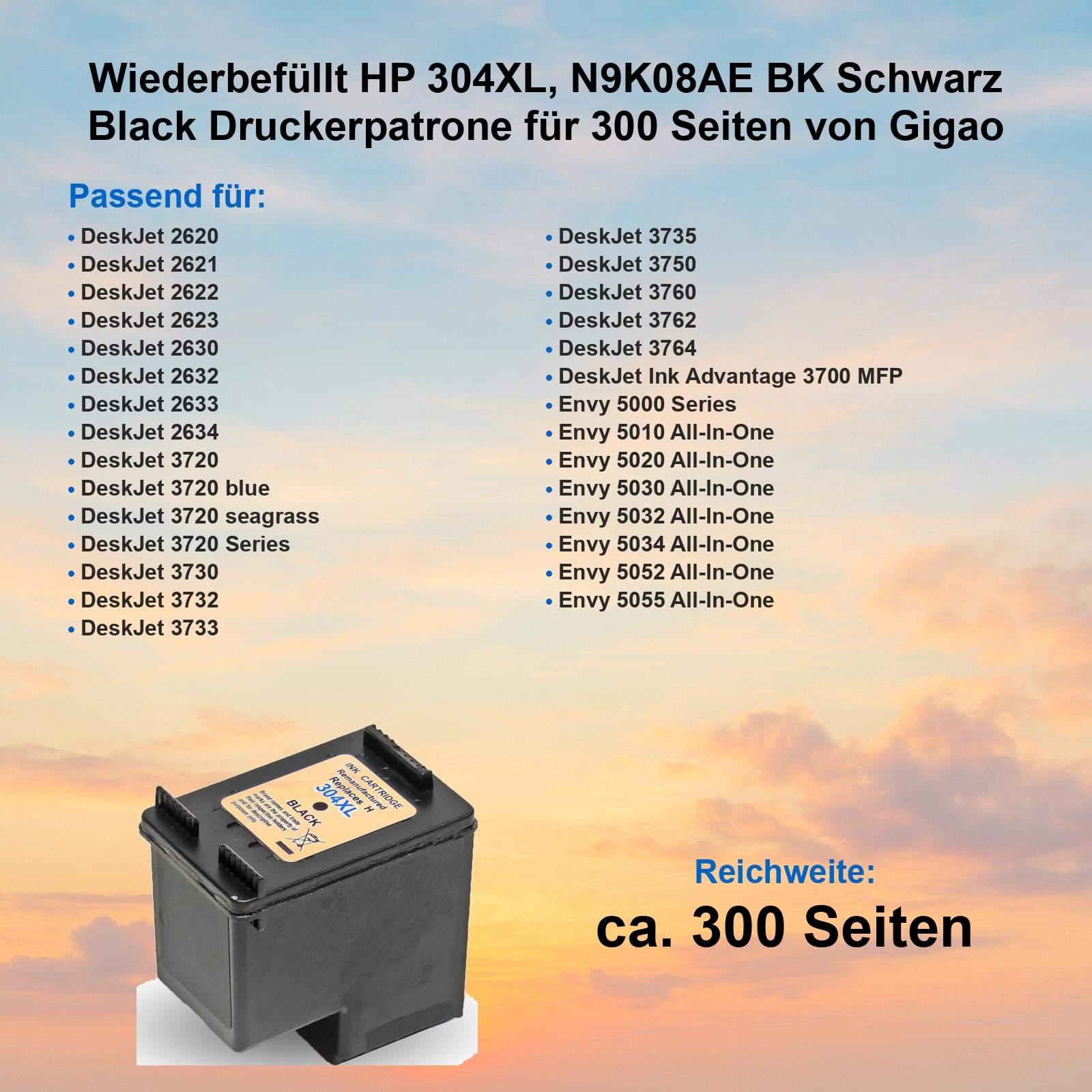 Schwarze HP 304XL Tintenpatrone mit einer Liste kompatibler Drucker. Der Hintergrund ist ein Orangegradient.