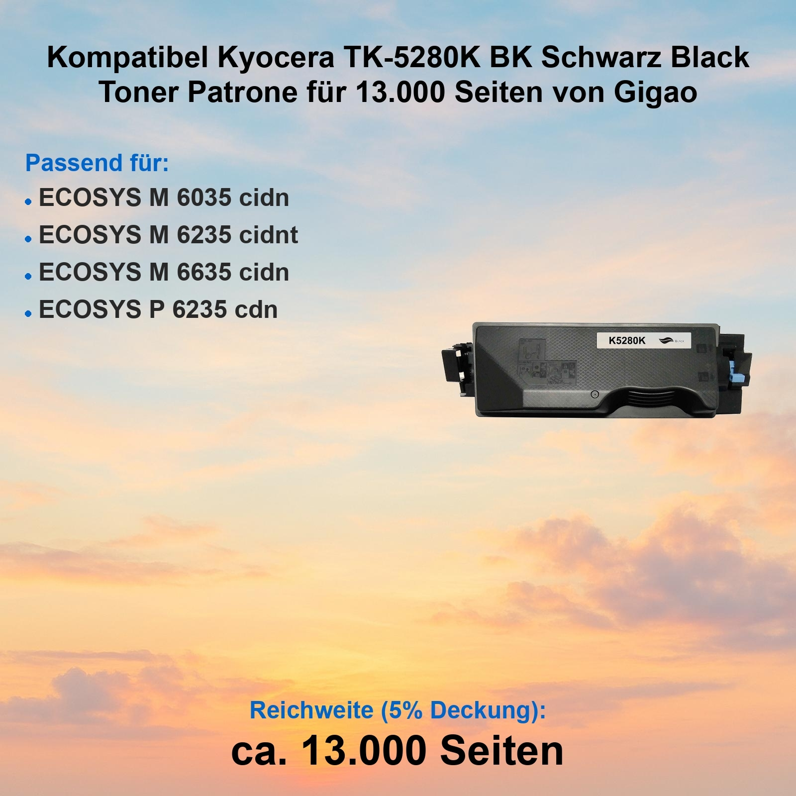 Schwarze Kyocera TK-5280K Tonerkartusche. Textdetails zu Modellen, Seitenleistung und Marke. Hintergrund ist ein Farbverlauf.