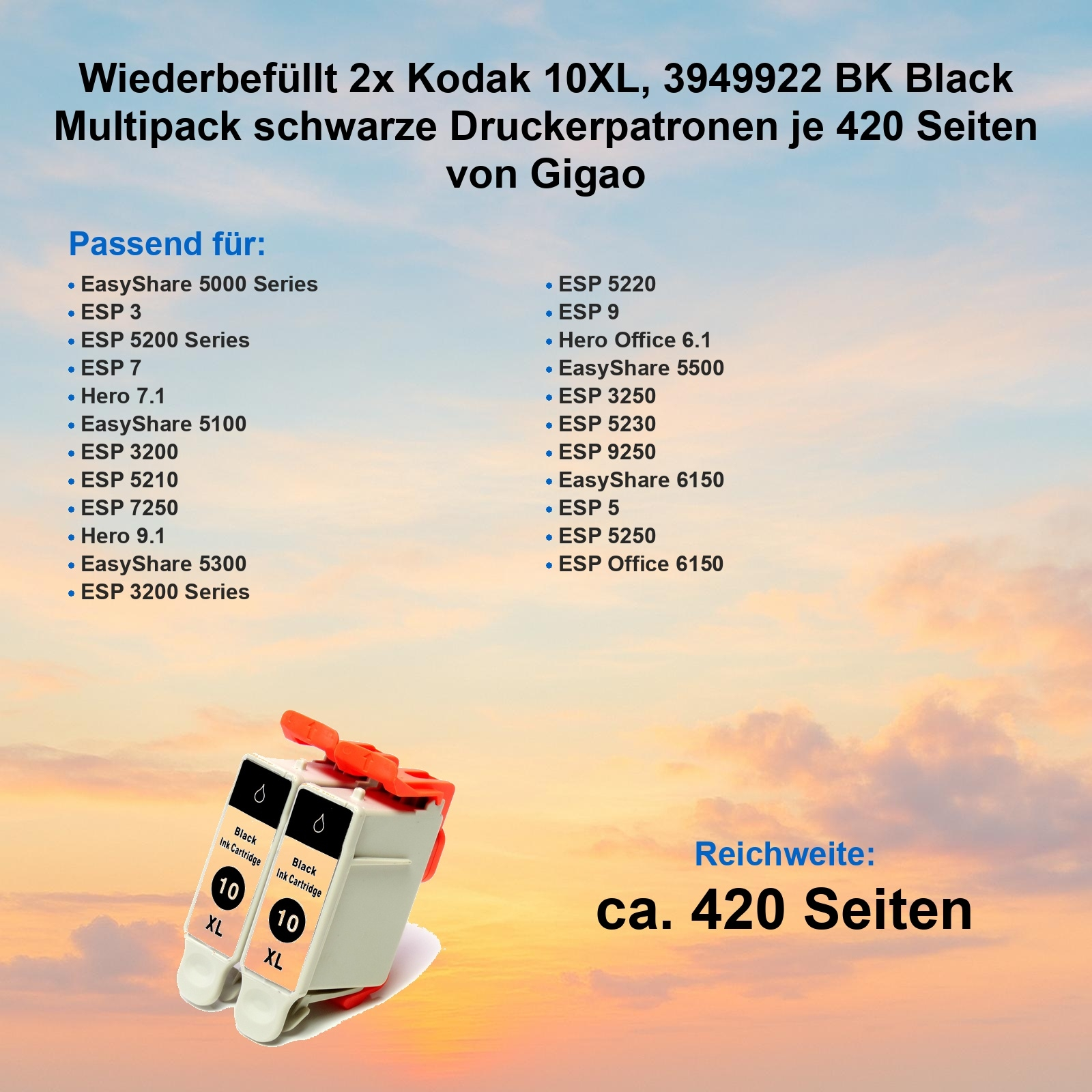 Das Bild zeigt zwei schwarze Tintenpatronen mit orangefarbenen Teilen. Text listet kompatible Drucker und Seitenzahl.