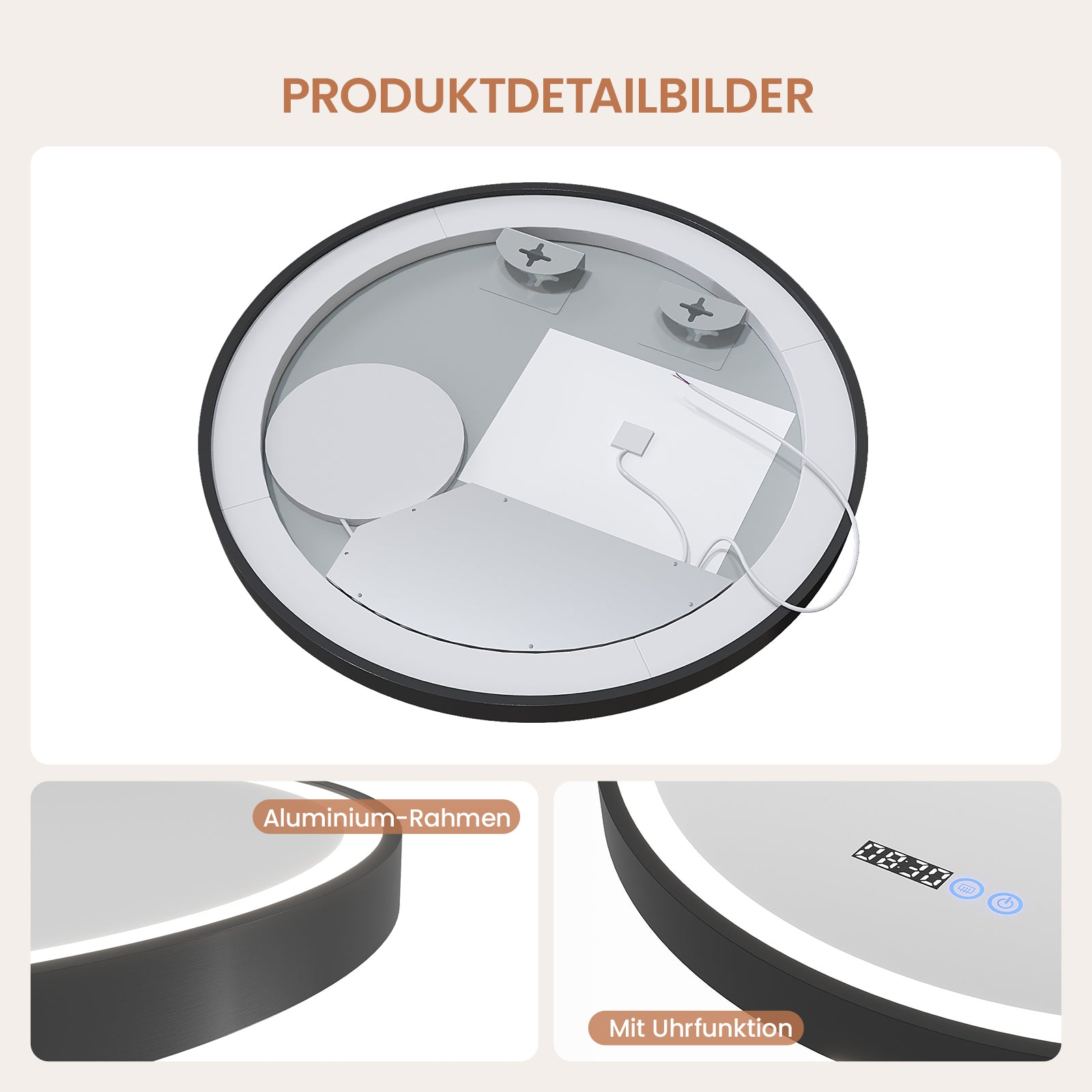 Eine runde LED-Deckenleuchte mit schwarzem Rahmen. Verfügt über eine Digitaluhranzeige und einen Aluminiumrahmen. Drähte und Schrauben sind sichtbar.