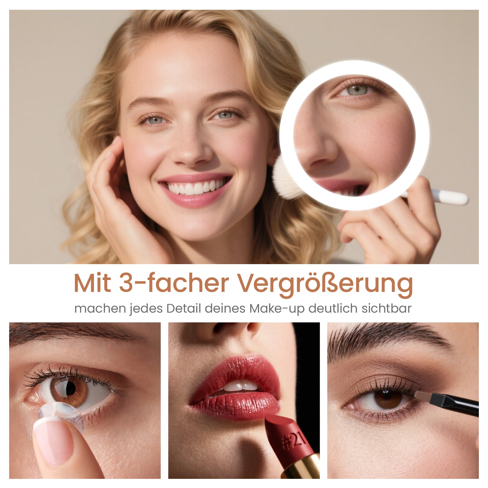 Eine Frau lächelt. Ein vergrößertes Auge befindet sich in einem beleuchteten Kreis. Drei Detailbilder: Auge mit Linse, roter Lippenstift, Auge mit Eyeliner.