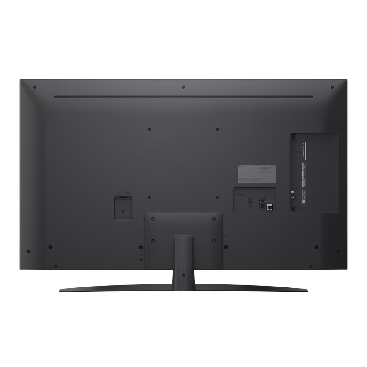 Tył czarnego telewizora LG. Ma porty, podstawę i różne etykiety. Telewizor jest na białym tle.