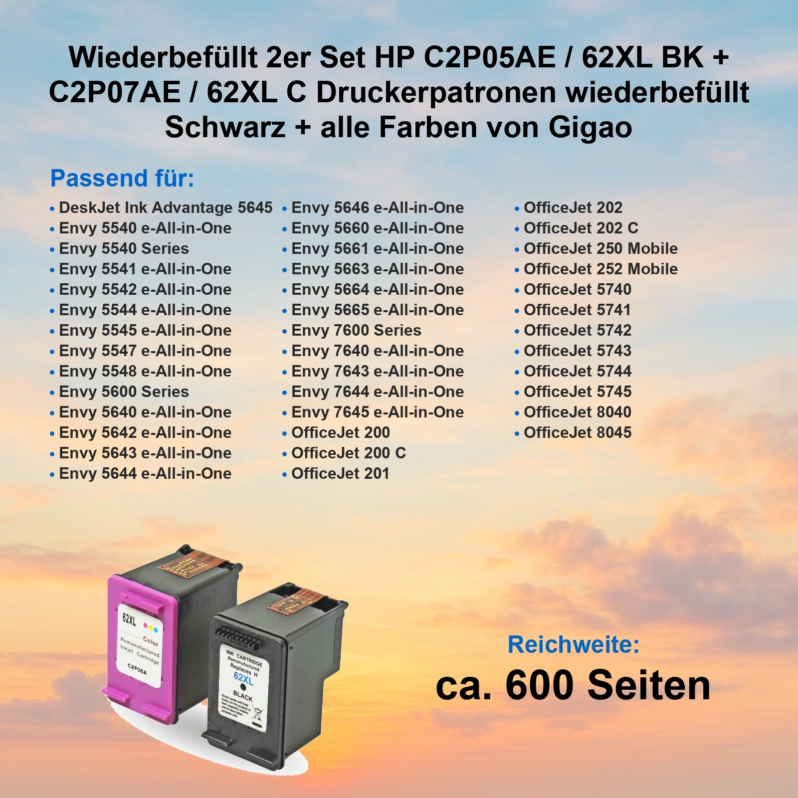 Das Bild zeigt zwei HP-Druckerpatronen, eine schwarze und eine magenta, mit Produktdetails und kompatiblen Druckermodellen.