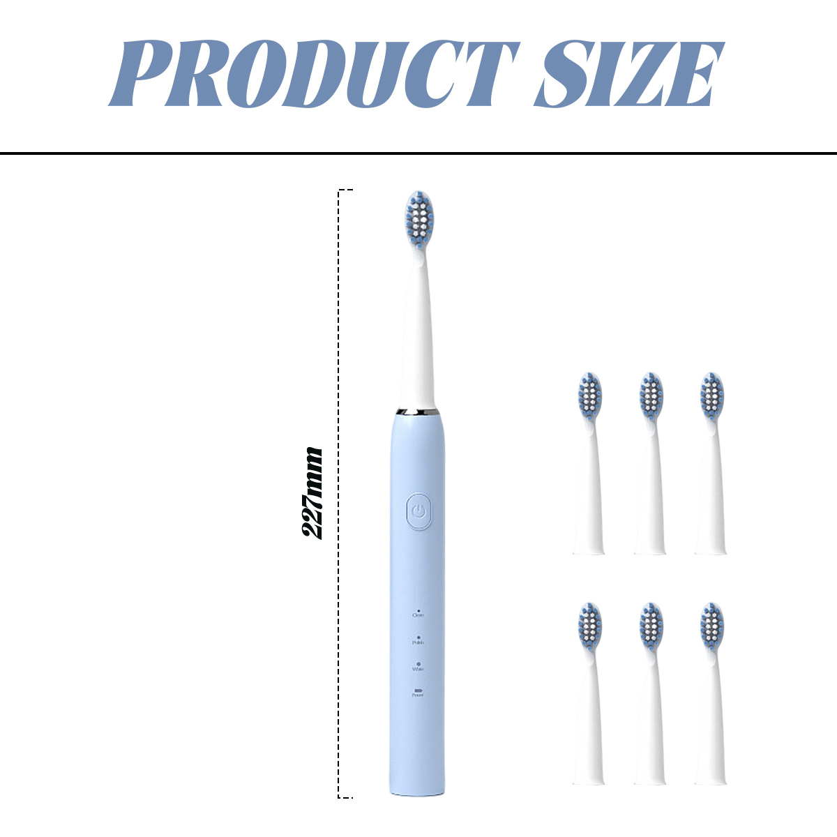 Eine blaue elektrische Zahnbürste mit zusätzlichen Bürstenköpfen. Die Hauptzahnbürste ist 227 mm lang. Produktgröße steht oben.