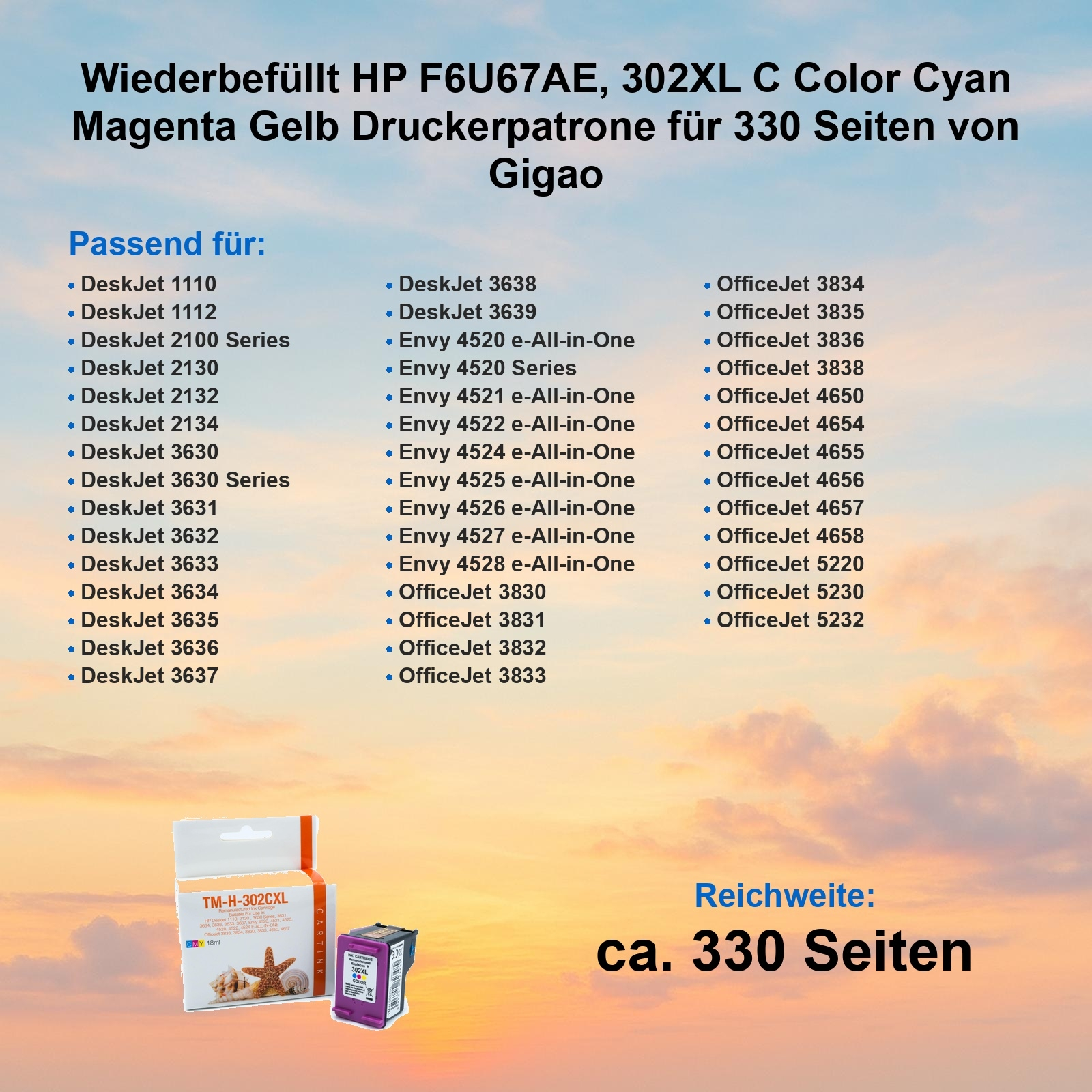 Eine HP-Druckerpatronenbox mit einer Druckerpatrone daneben und einer Liste kompatibler Drucker.