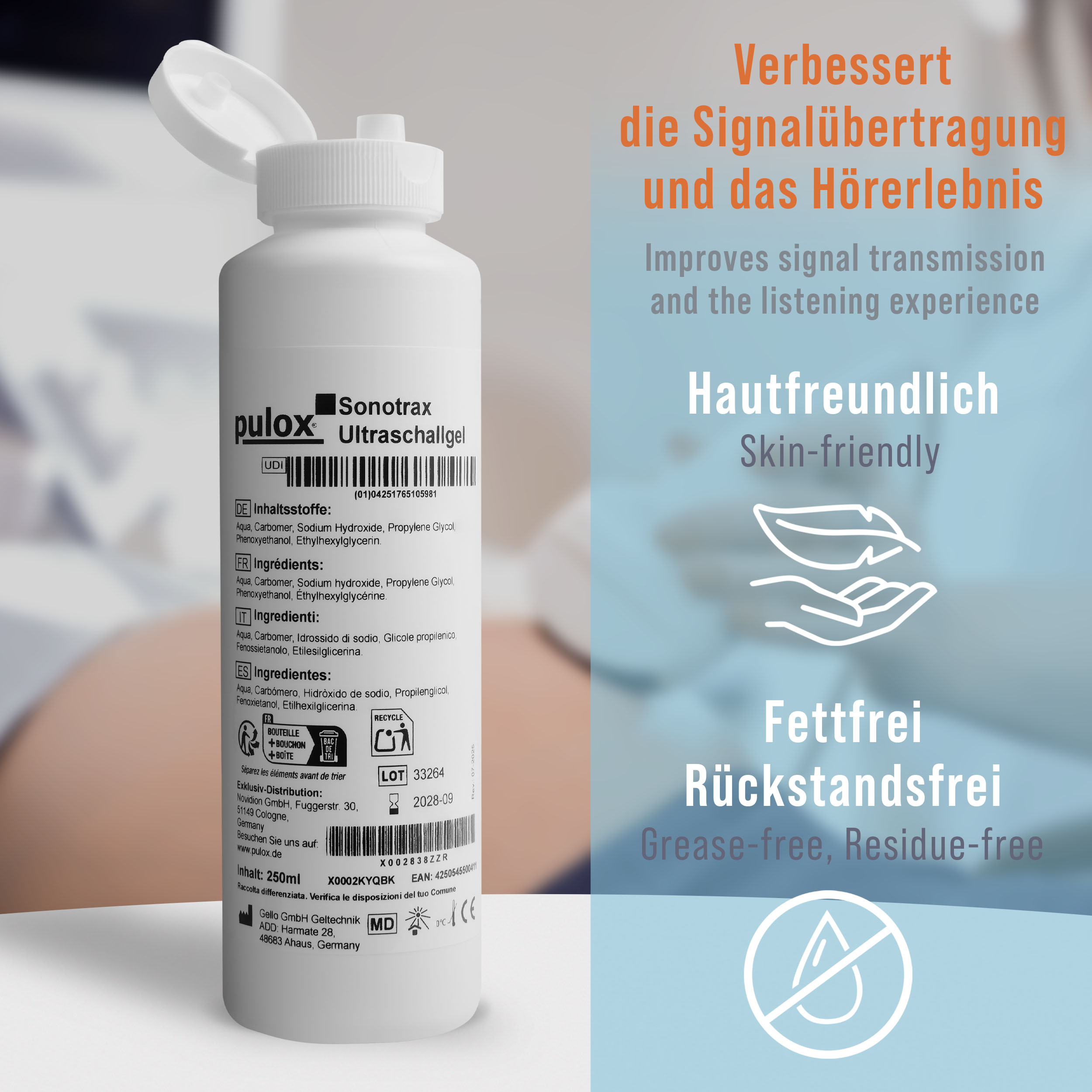 Eine weiße Flasche mit Etikett. Text: Sonotrax Ultraschallgel. Hintergrund mit orangefarbenem und blauem Text.