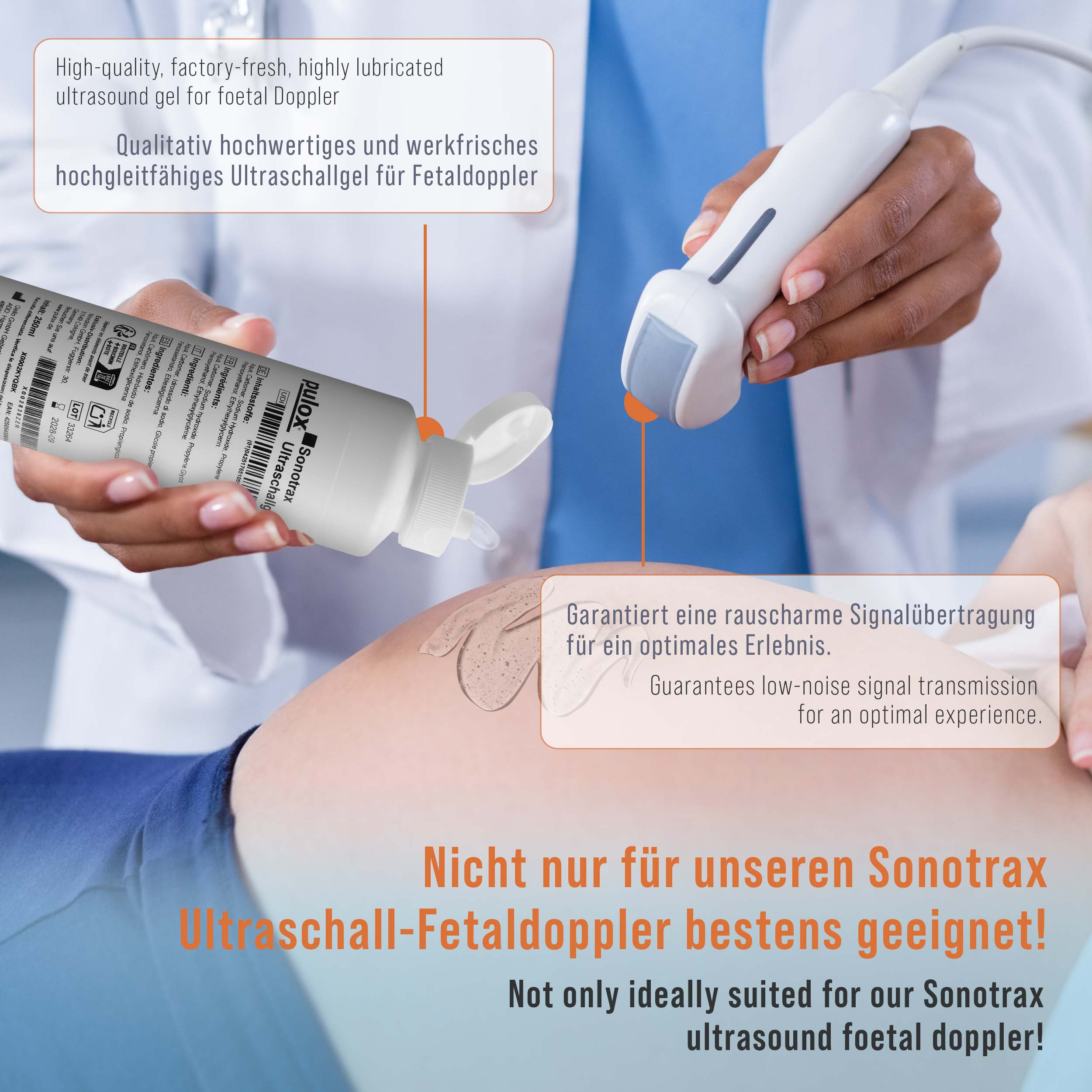 Eine Person hält einen Ultraschallkopf über einen schwangeren Bauch. Links eine Gelflasche.