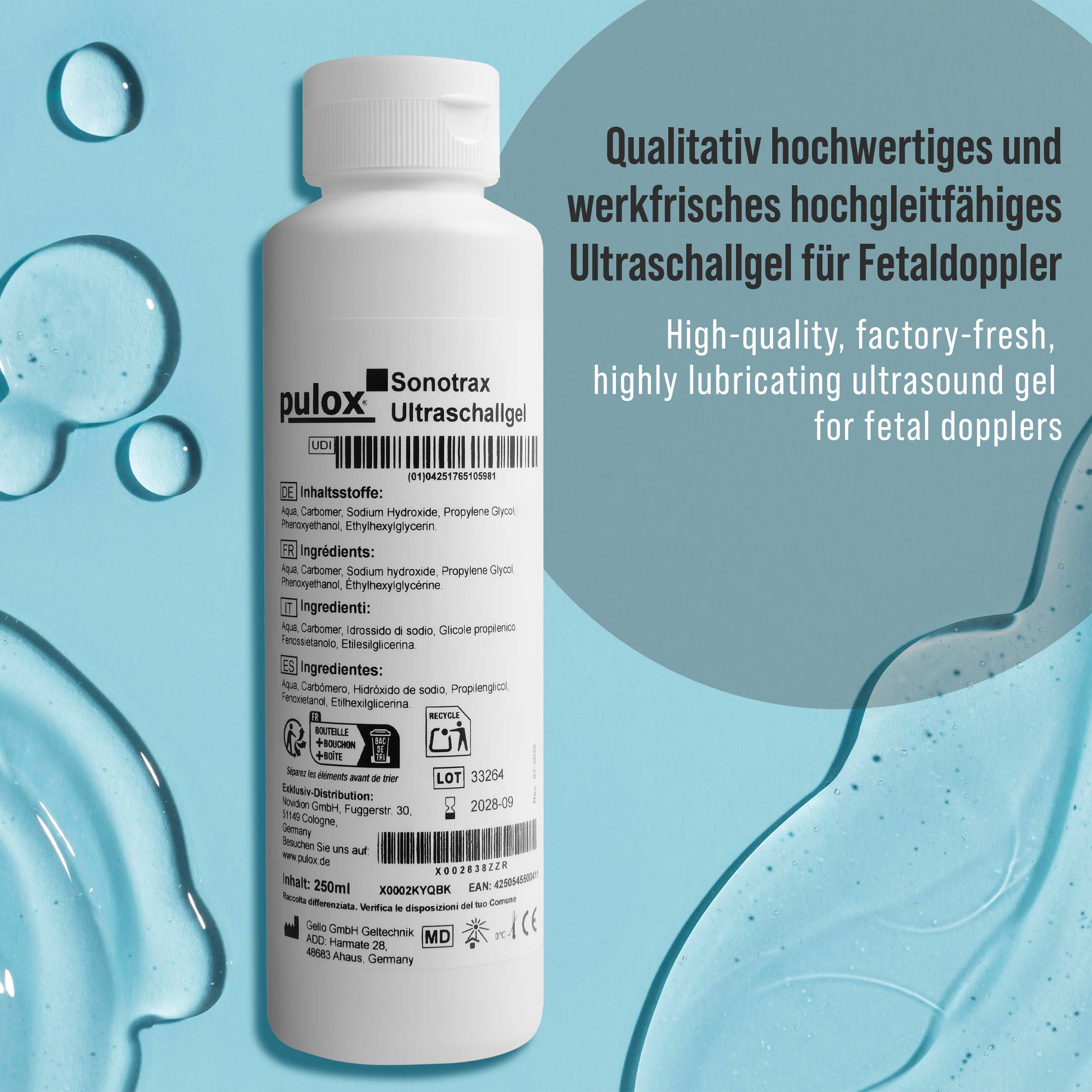 Eine weiße Flasche Ultraschallgel mit blauem Hintergrund und Text. Das Gel ist für fetale Doppler.
