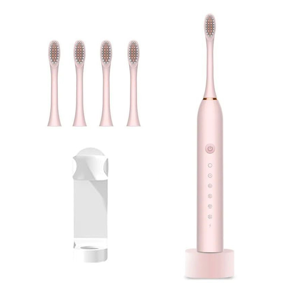 Eine rosa elektrische Zahnbürste mit vier Ersatzköpfen und einer Ladestation. Die Bürste steht auf einem Ständer.